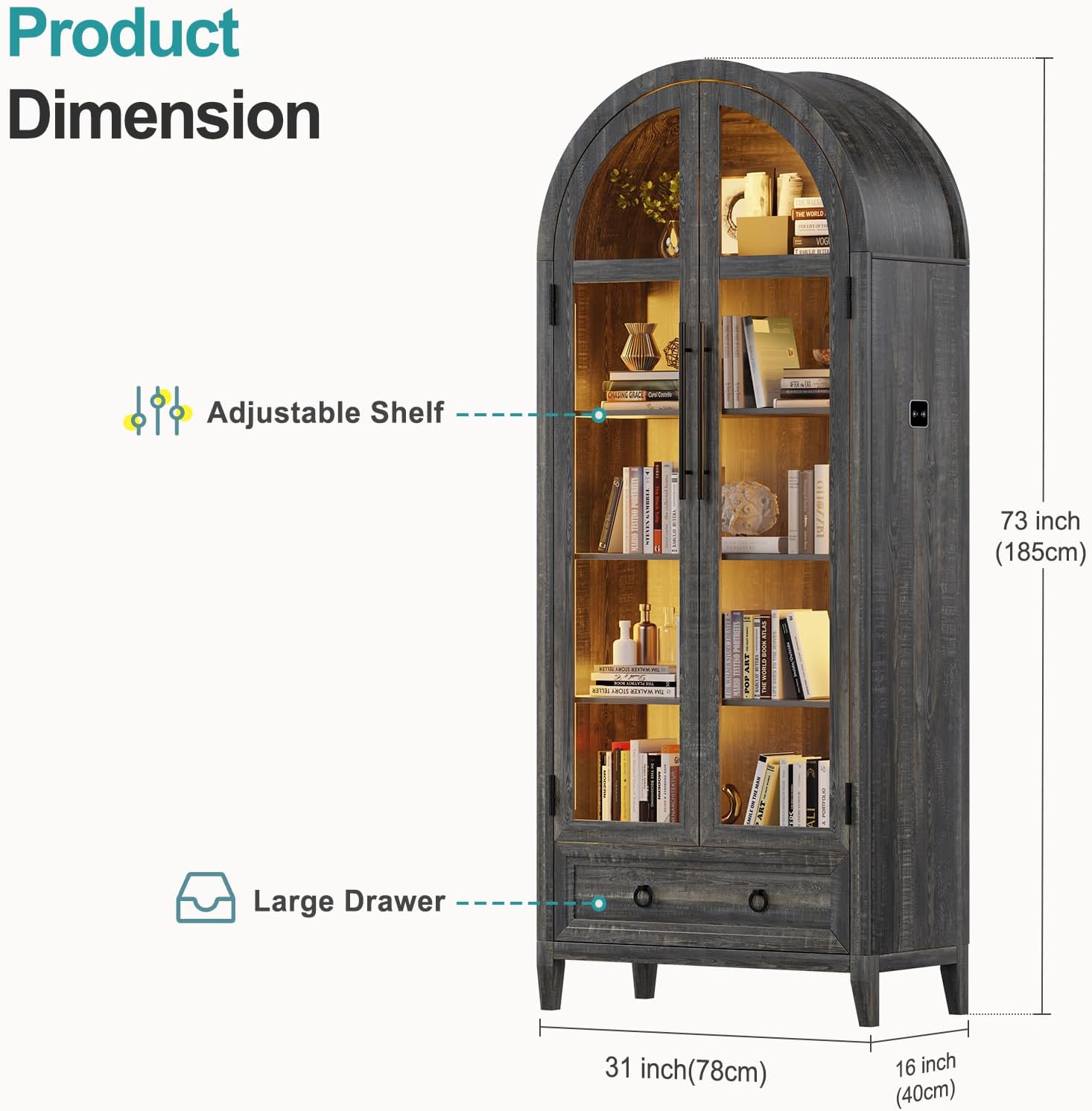 Lvifur 73' Tall Arched Display Cabinet with Glass Doors,4-Tier Storage Cabinet with Human Body Sensor,LED Curio Cabinets with 3 Color Lights for Collectibles,Ajustable Shelf for Toys, Books,Brown