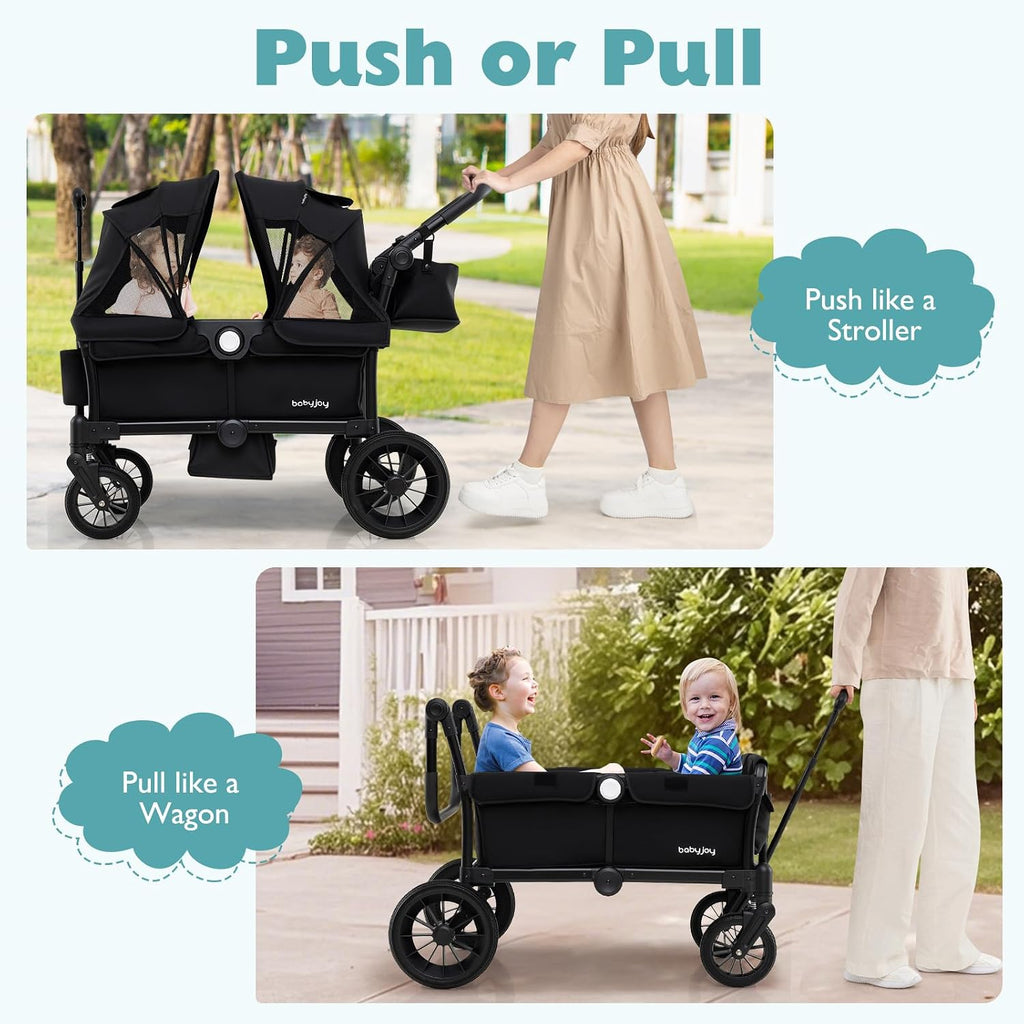BABY JOY Wagon Stroller for 2 Kids, Collapsible Push Pull Double Stroller Wagon with Adjustable Handle Bar, Removable Canopy, Safety Harness, Cup Holder, Snack Tray & Storage Bag (Black)