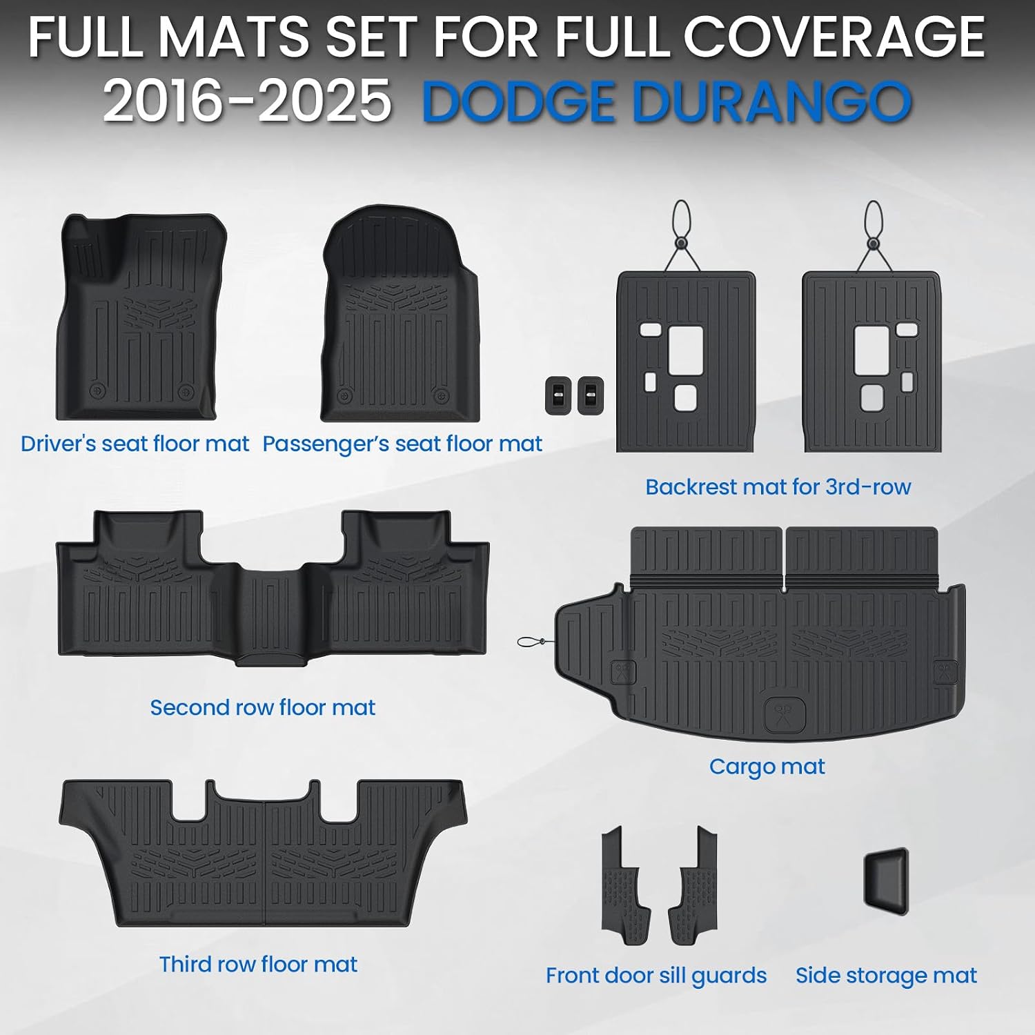 Floor Mats Set for 2016-2026 Dodge Durango (Only for 6 Seats with Captain Chairs), All Weather TPE Backrest Mat Trunk Mat Cargo Liner Door Sill Guards Accessories (6 Seats Floor Mats Set)