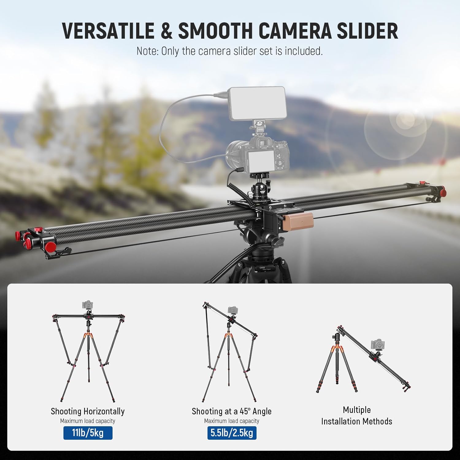 NEEWER 47.2'/120cm Motorized Camera Slider, App Wireless Control DSLR Carbon Fiber Dolly Rail Slider with 4400mAh F750 Battery (Charger Not Included), Support Video Mode, Time Lapse Photography, ER1