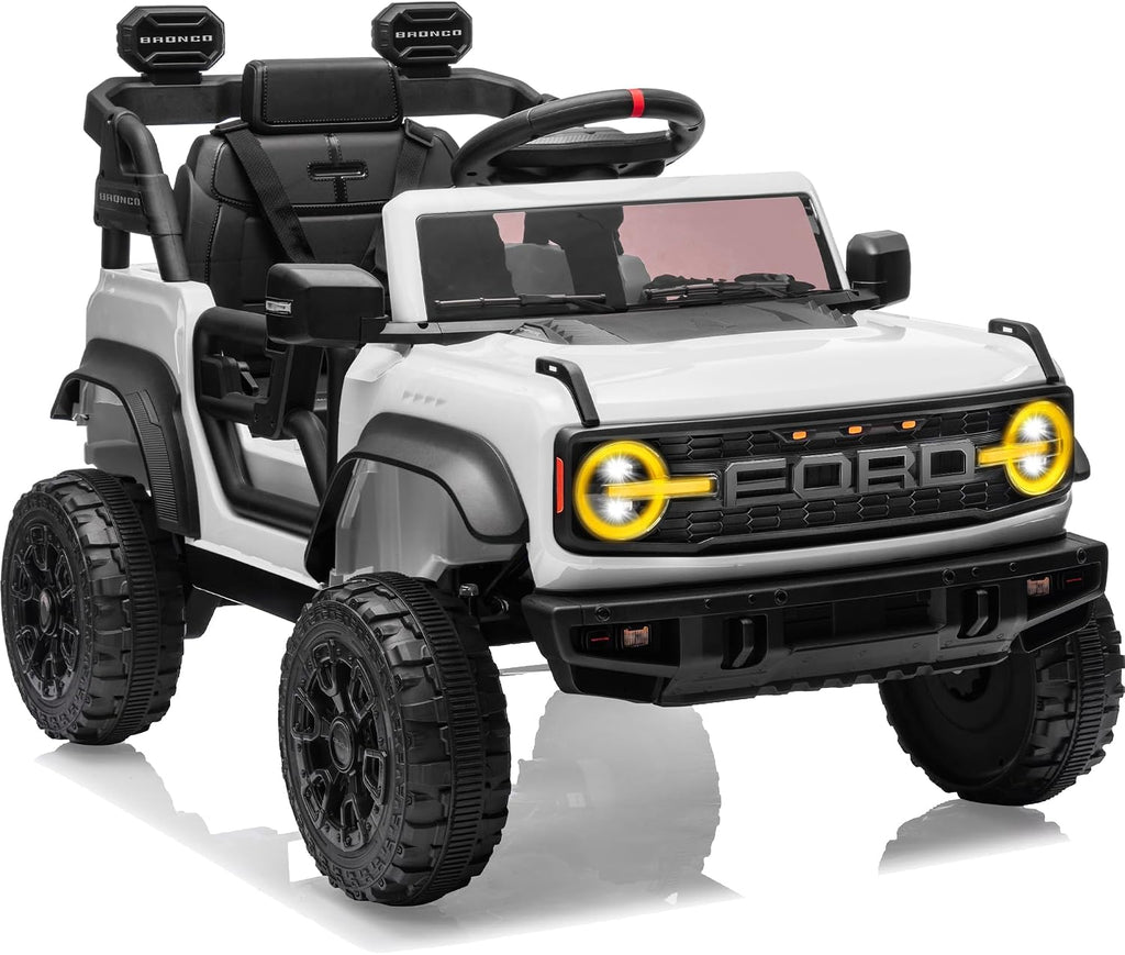First Ride On Ford Bronco Raptor 12V Toddler Ride on Toys, Safe Kids Ride on Truck with Remote Control, Children Electric Cars with 4 Wheels Suspension, Radio, Music, Bluetooth (12V, White)