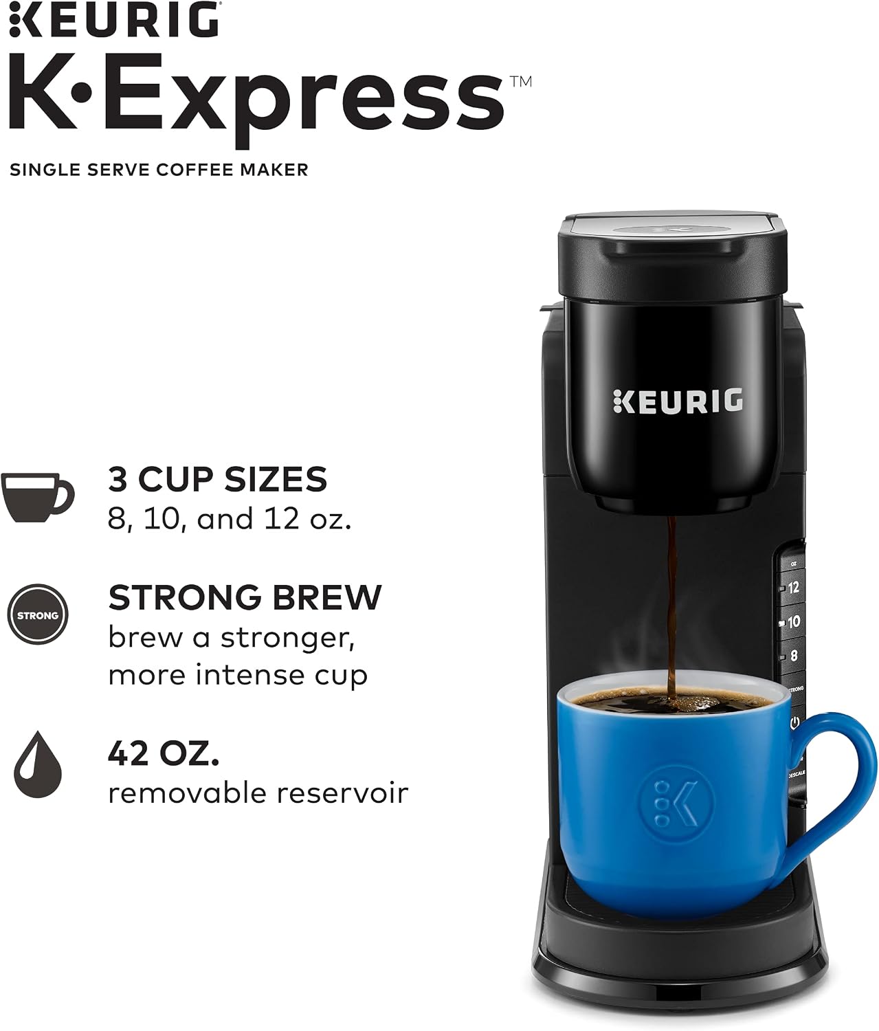 Keurig K-Express Coffee Maker, Single Serve K-Cup Pod Coffee Brewer, Black, 12.8' L x 5.1' W x 12.6' H & Travel Mug Fits K-Cup Pod Coffee Maker, 1 Count (Pack of 1), Stainless Steel