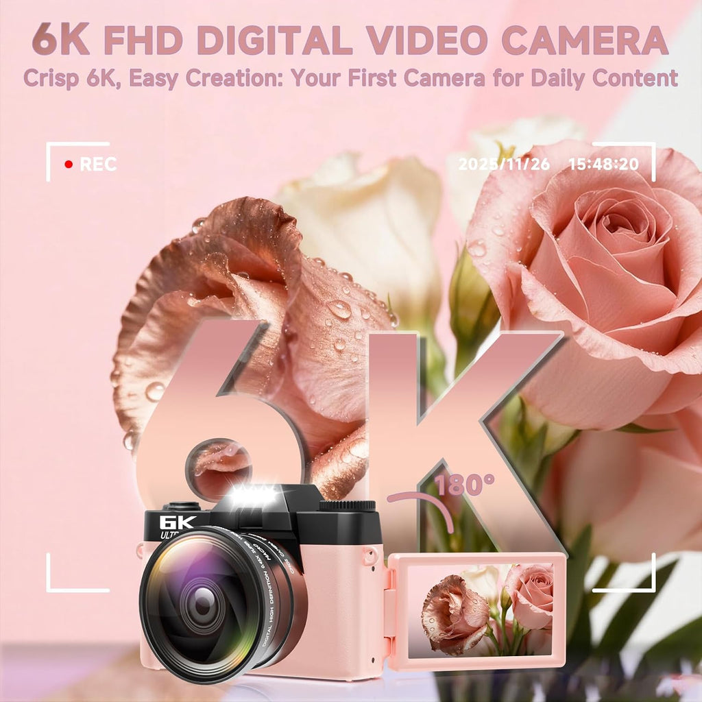 6K Digital Camera for Photography Autofocus, 64MP WiFi Vlogging Camera for YouTube with 3' 180° Flip Screen 16X Zoom, 64GB SD Card & 2 Batteries Pink Compact Travel Camera for Beginners Teens