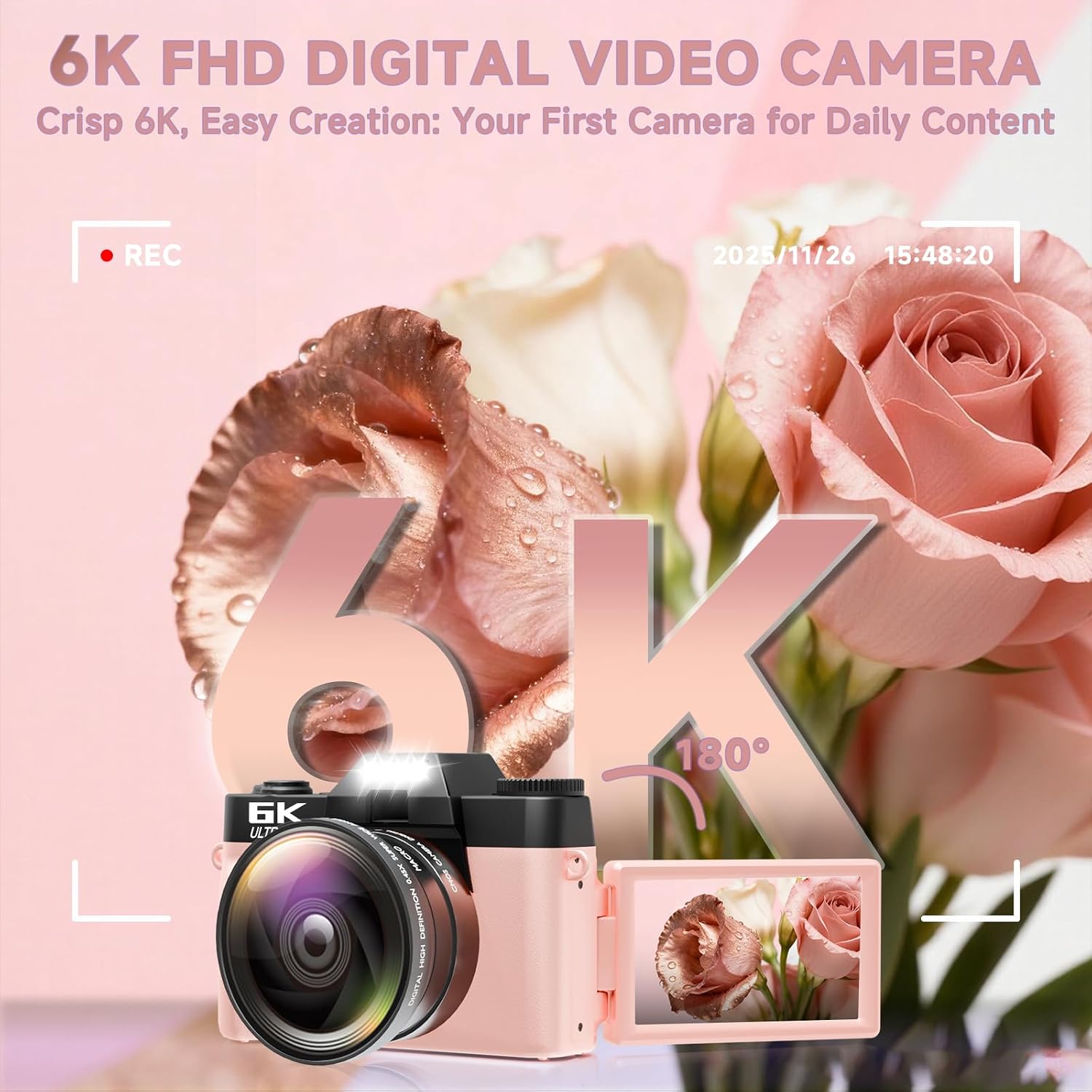 6K Digital Camera for Photography Autofocus, 64MP WiFi Vlogging Camera for YouTube with 3' 180° Flip Screen 16X Zoom, 64GB SD Card & 2 Batteries Pink Compact Travel Camera for Beginners Teens