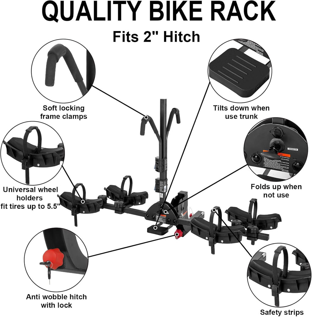 WEIZE 2 E Bike Rack Hitch Mounted, Wobble Free Smart Tilting Folding 2 Bicycle Electric Bike Racks with Lock, 2' Hitch Fits Up to 160 lbs Capacity with Up to 5.5' Fat Tires for Car, SUV, Trucks