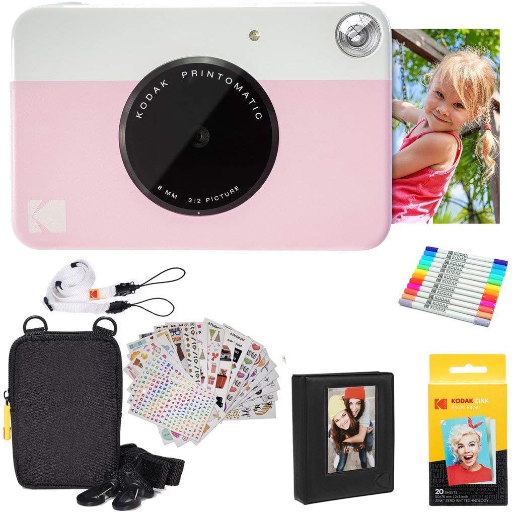 KODAK Printomatic Full-Color Instant Print Digital Camera Colorful Photos On Zink 2x3' Sticky-Back Photo Paper 5MP Gift Bundle: Case + Zink 2x3' 20pk + Album + Stickers + Frames + Markers - Pink