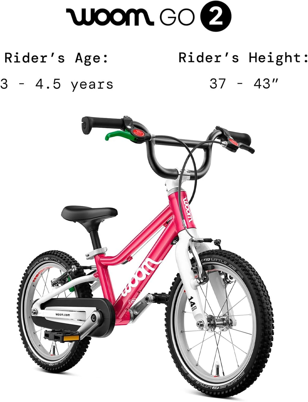 woom GO 2 Bicycle for Children 3 to 4.5 Years Old, 14-Inch Lightweight Bike with Handbrake, Steering Limiter & Chainguard for Boys & Girls
