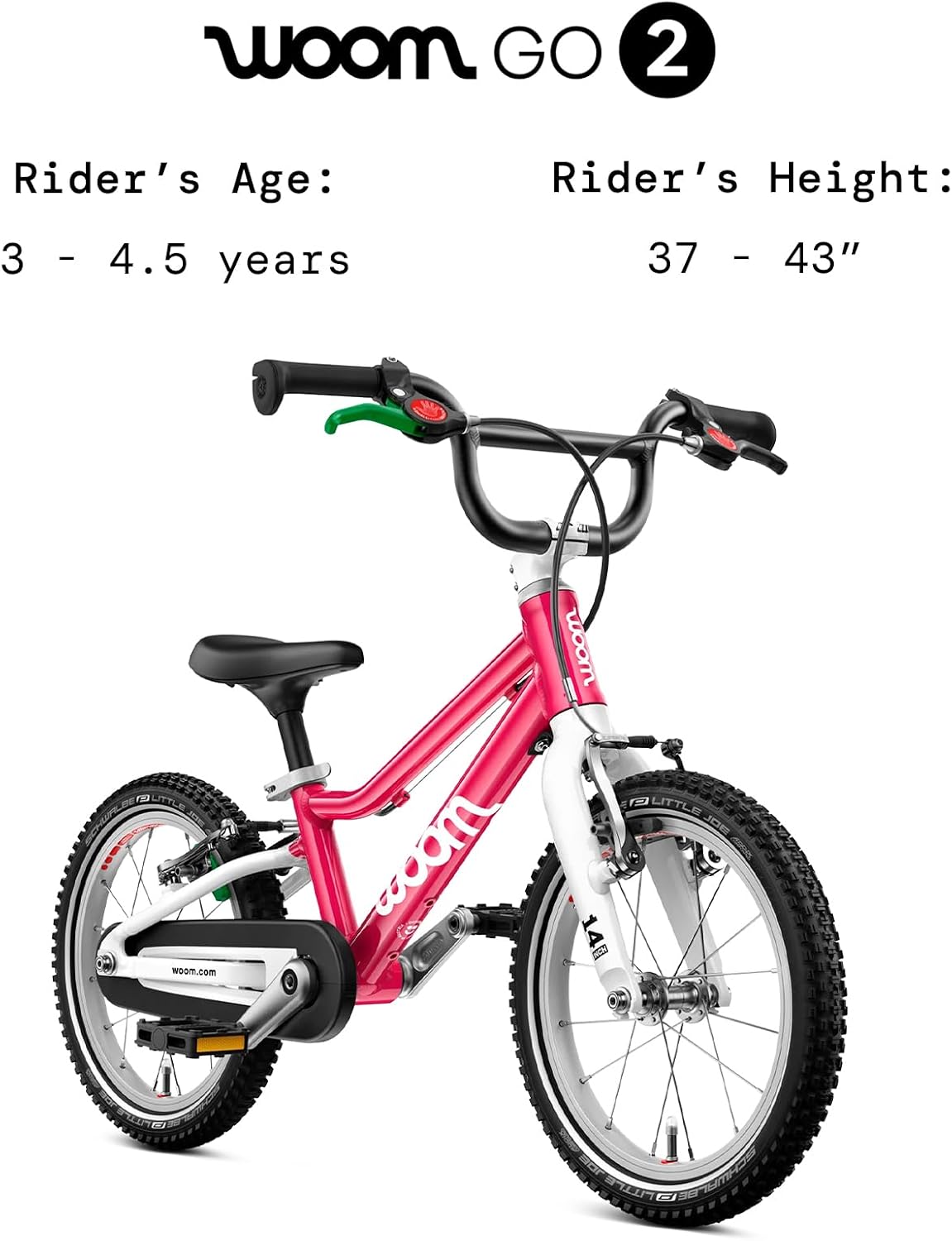 woom GO 2 Bicycle for Children 3 to 4.5 Years Old, 14-Inch Lightweight Bike with Handbrake, Steering Limiter & Chainguard for Boys & Girls