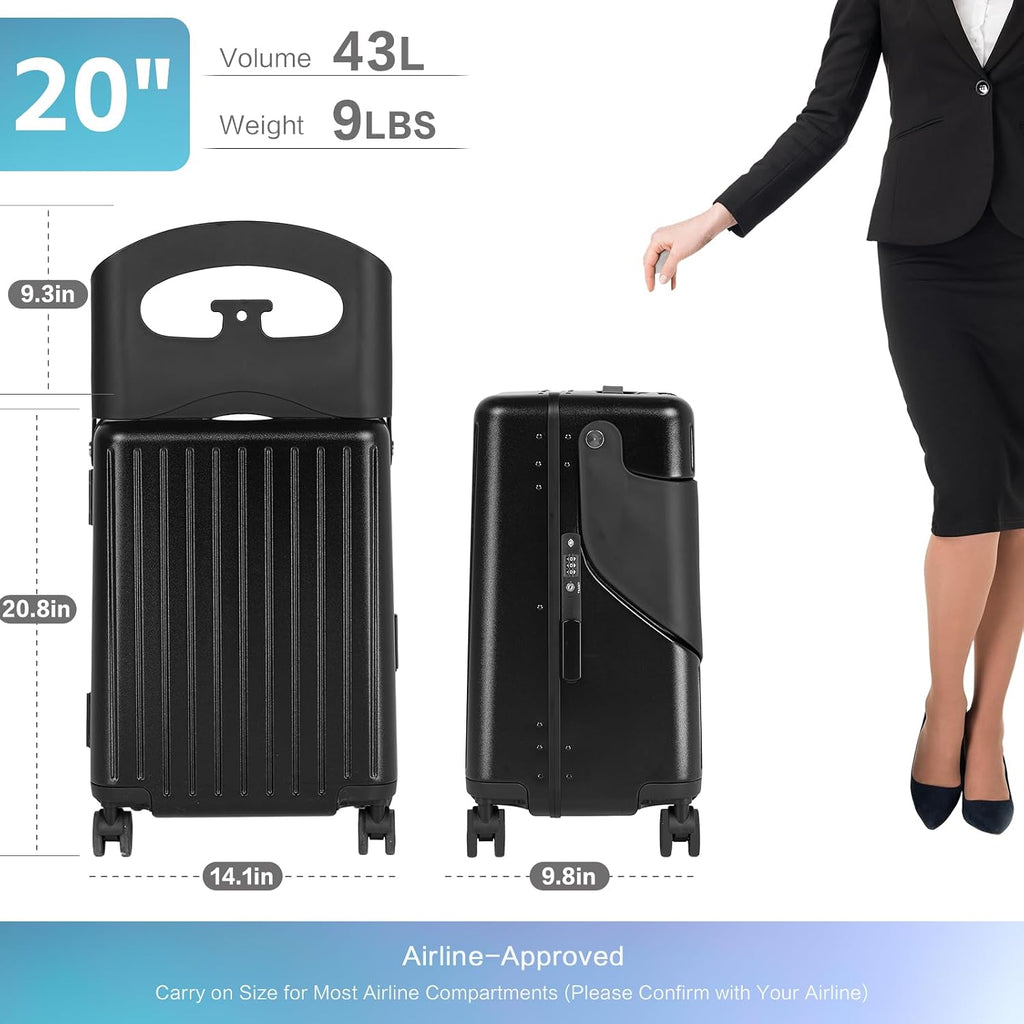 smilesun 20' Carry On Luggage with Seat For Kids & Adults，Hardside Ride On Suitcase with 360°Spinner and TSA Lock For Travel(Black, 20-in)