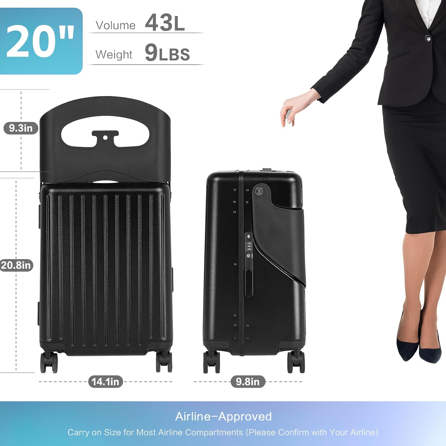 smilesun 20' Carry On Luggage with Seat For Kids & Adults，Hardside Ride On Suitcase with 360°Spinner and TSA Lock For Travel(Black, 20-in)