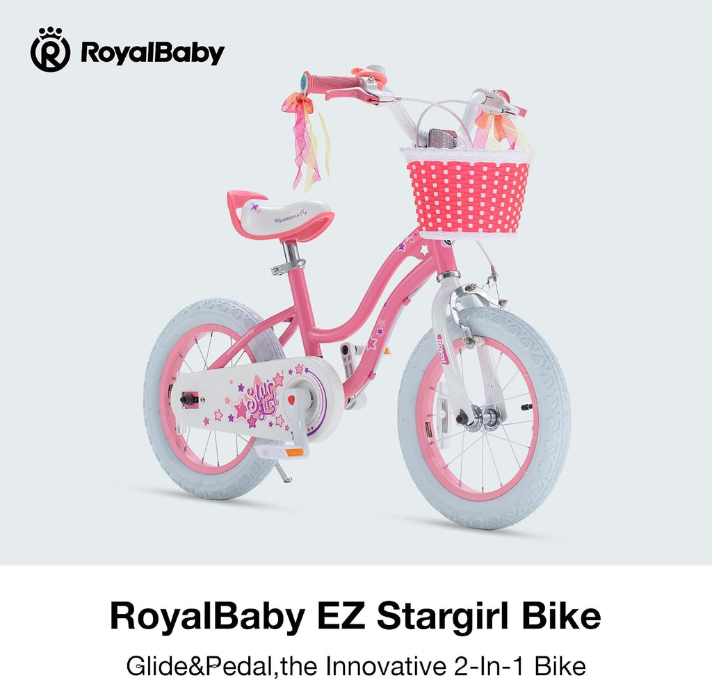 RoyalBaby Girls Bike, Stargirl EZ Kids Bike Balance and Pedal Bicycle with Basket and Dual Handbrake, 12 14 16 18 Inch Toddlers to Big Kids 3-8 Years, Multiple Colors