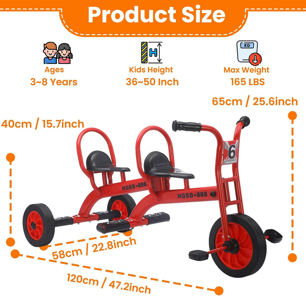 Kids Tricycle for Ages 3-8, Double Kids Trike Bike, Preschool Daycare Outdoor Tandem Bike with Airless Rubber Tires, Two-Seater and Non-Slip Pedals, Gift for Boys and Girls