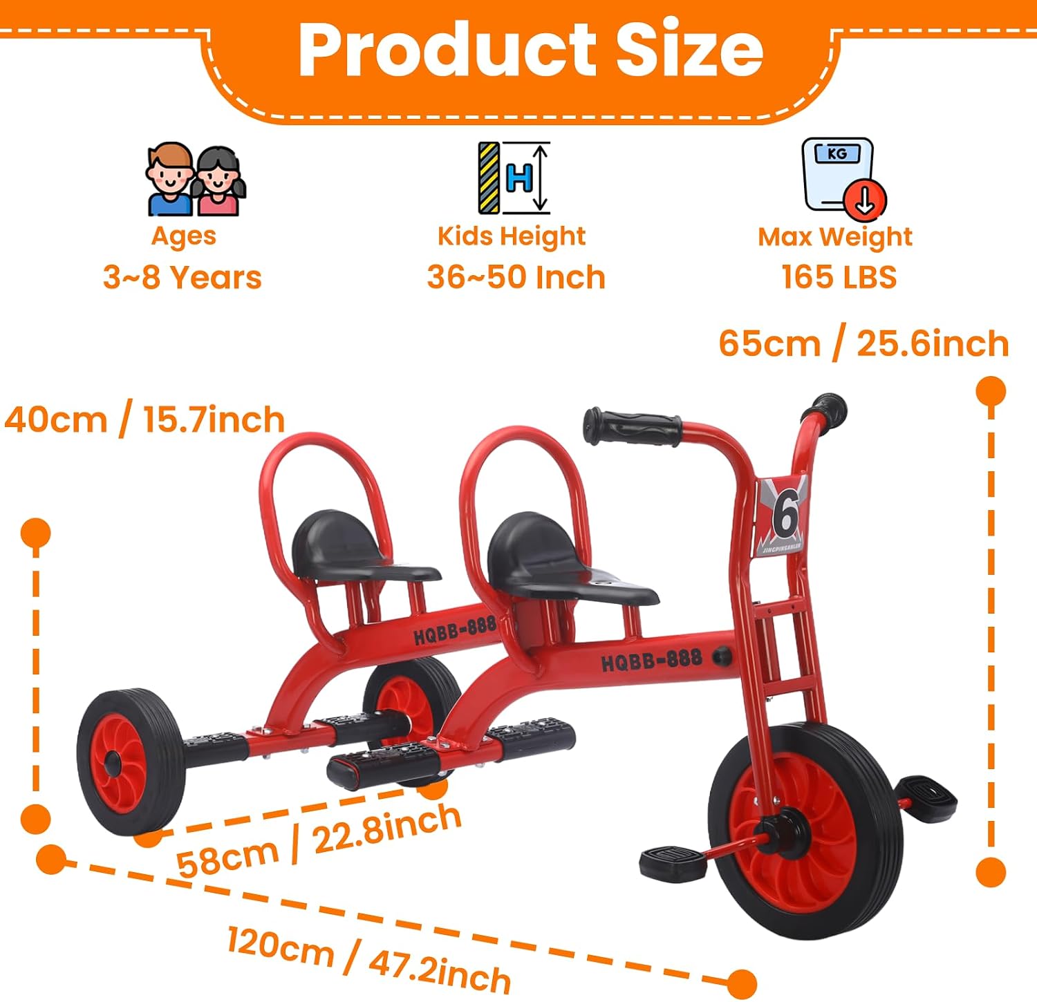 Kids Tricycle for Ages 3-8, Double Kids Trike Bike, Preschool Daycare Outdoor Tandem Bike with Airless Rubber Tires, Two-Seater and Non-Slip Pedals, Gift for Boys and Girls