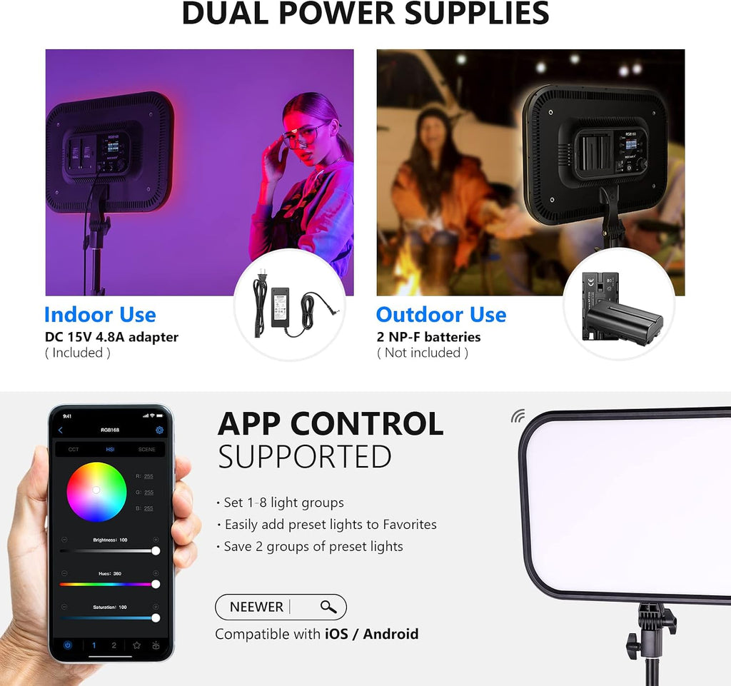 NEEWER RGB168 18.3' RGB LED Video Panel Light with App Control, Bluetooth, 2 Pack Tripod Stand Kit, 60W/360° Full Color/2500-8500K/CRI97+, Studio Photography/YouTube/Game Streaming