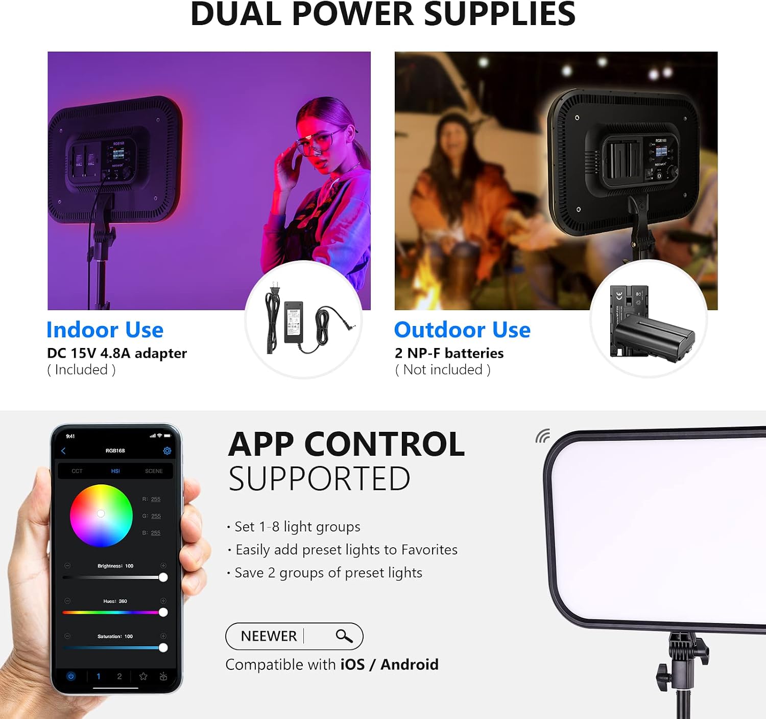 NEEWER RGB168 18.3' RGB LED Video Panel Light with App Control, Bluetooth, 2 Pack Tripod Stand Kit, 60W/360° Full Color/2500-8500K/CRI97+, Studio Photography/YouTube/Game Streaming
