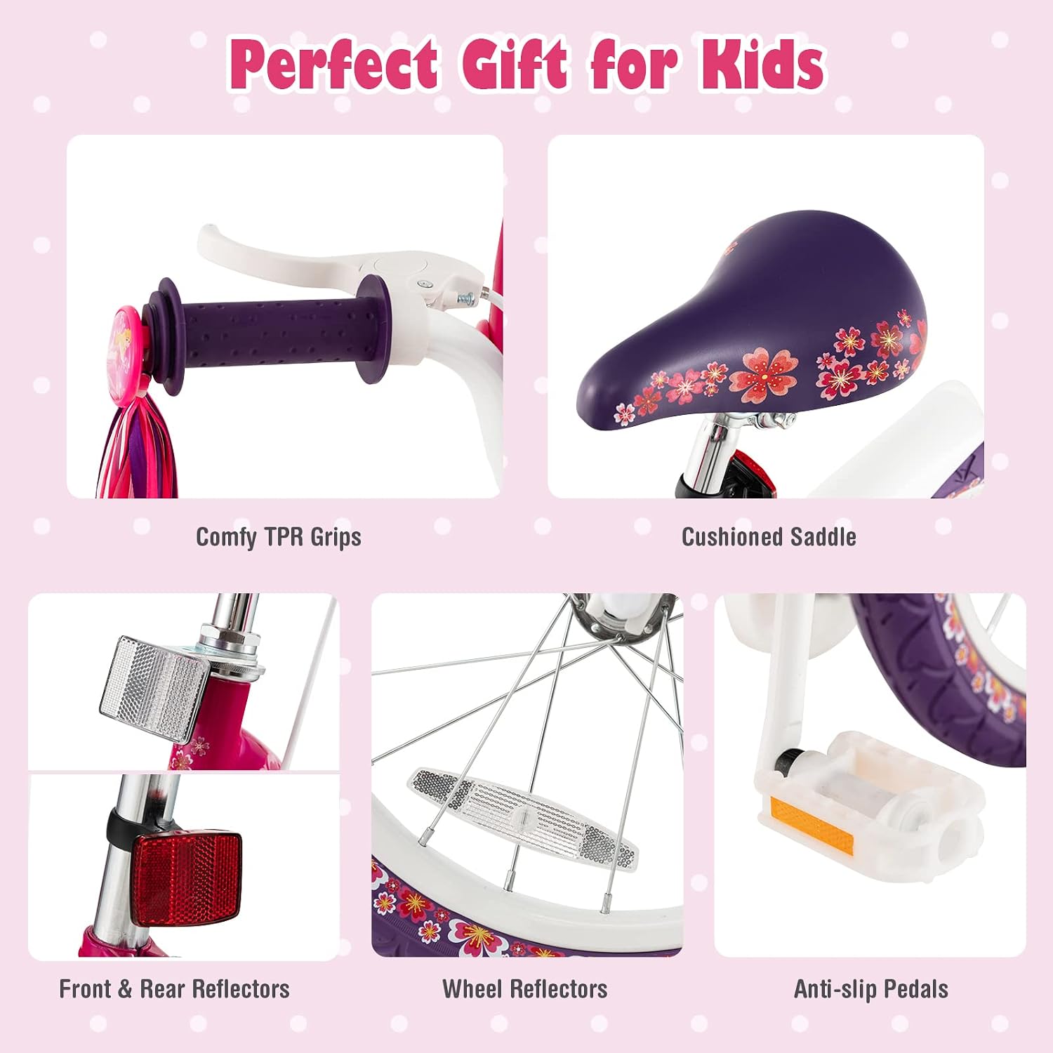BABY JOY Kids Bike, 12 14 16 18 20 Inch Girls Bike w/Detachable Training Wheels or Kickstand, Storage Basket, Adjustable Seat & Handlebar, Bow or Streamer, Children Bicycle for 3-8 Years Old