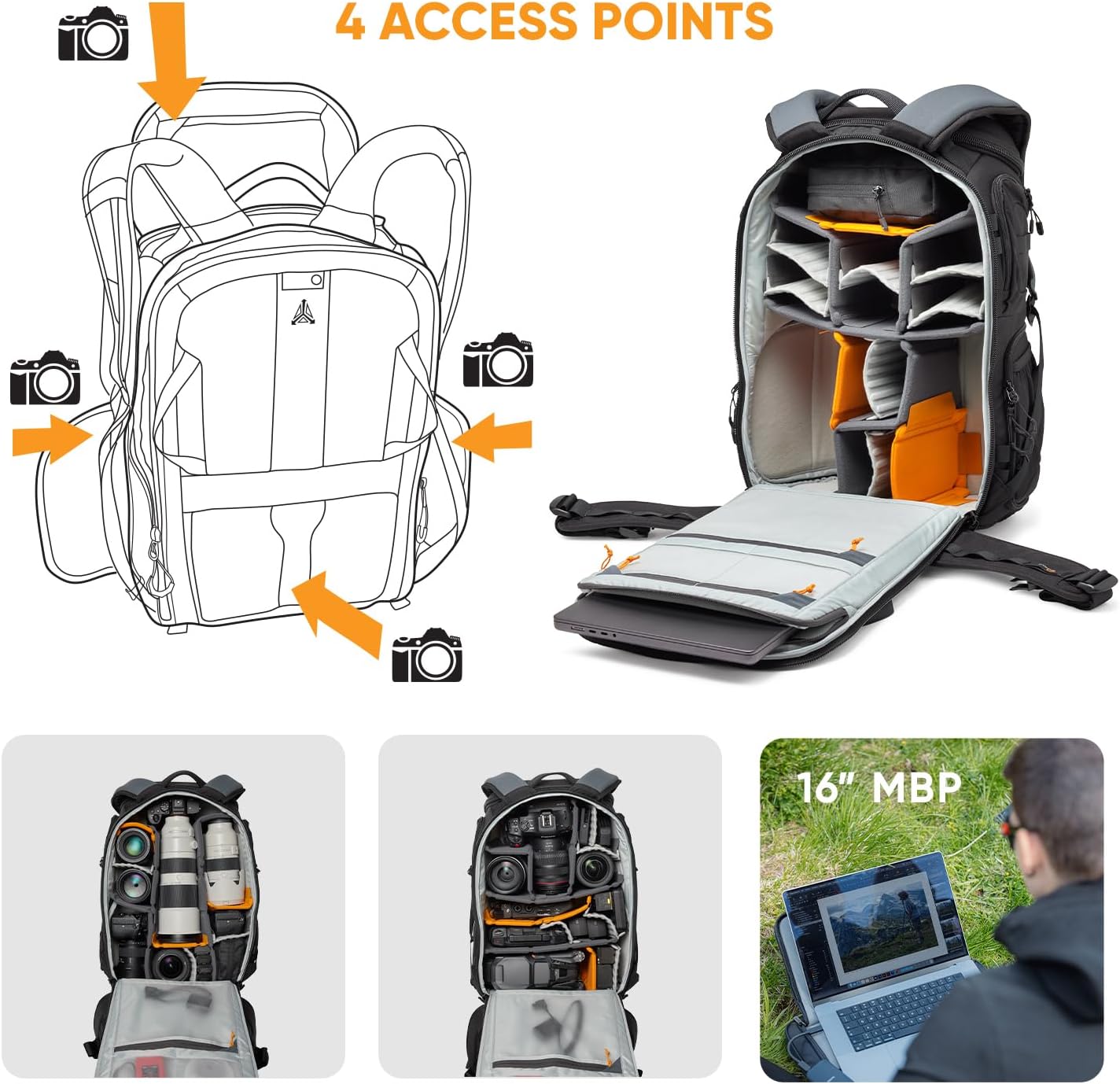 Lowepro ProTactic BP 450 AW III Camera Backpack, 4-point Access, Professional Camera Bag, DSLR/Drones/Mirrorless, Up to 16' Laptop, Rain Cover, for Photographer,Videographer, Volume 28L