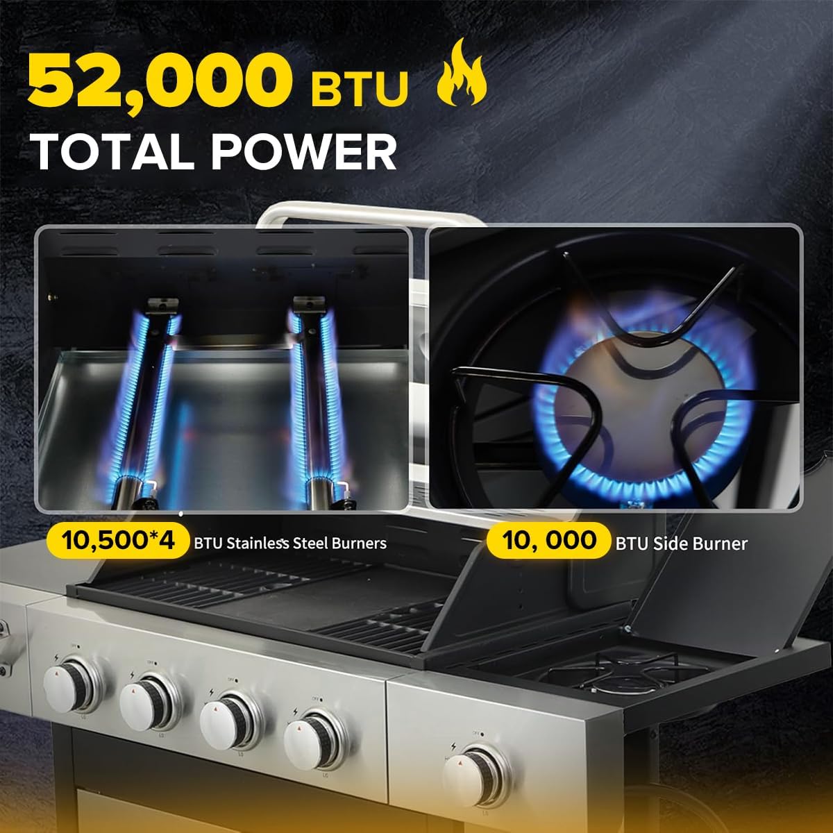 CiG Garden 4 Burner Propane Gas Grill with Side Burner, 52,000 BTU BBQ Grill with Lid Cast Iron Grates and Double-layer Stainless Steel, Outdoor Barbecue Grill Perfect for Balcony, Backyard, Camping