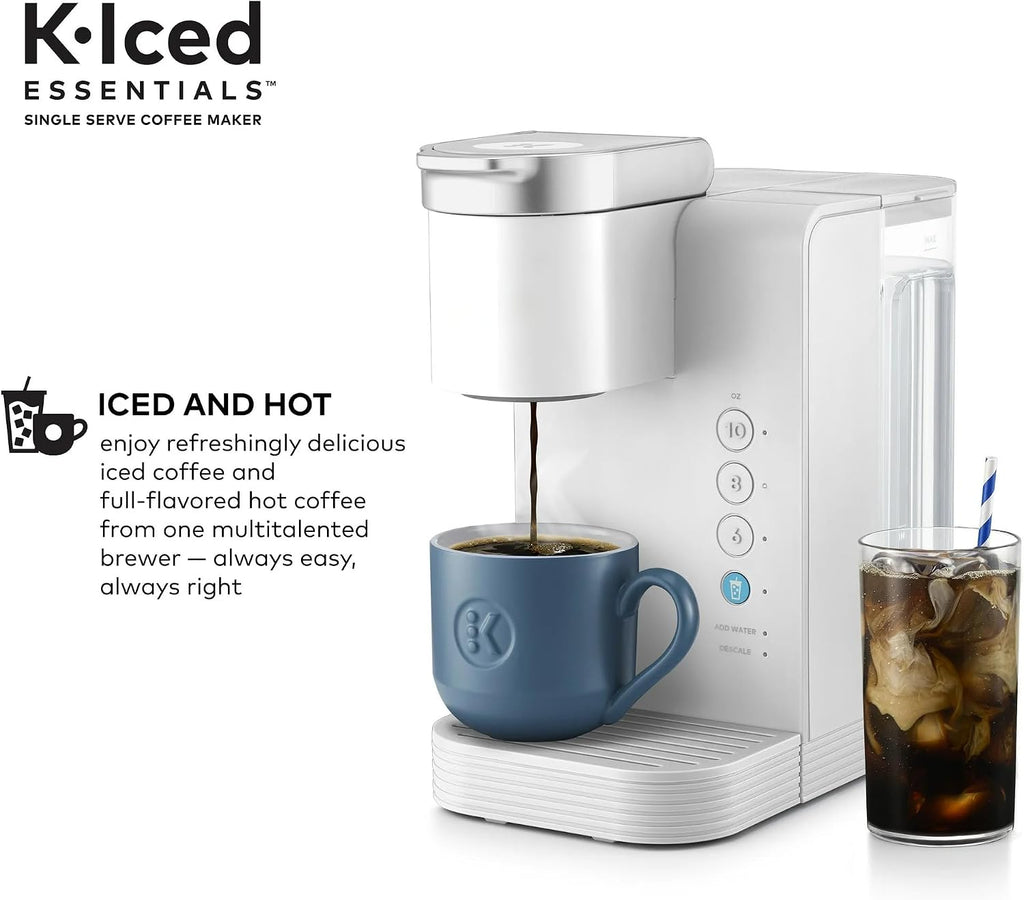 KeurigK K-Iced Essentials Coffee Maker, Iced and Hot Single-Serve KCup Pod Brewer with Removable Reservoir and Auto-Off, Energy Efficient, Includes K Iced Tumbler, Compact, White