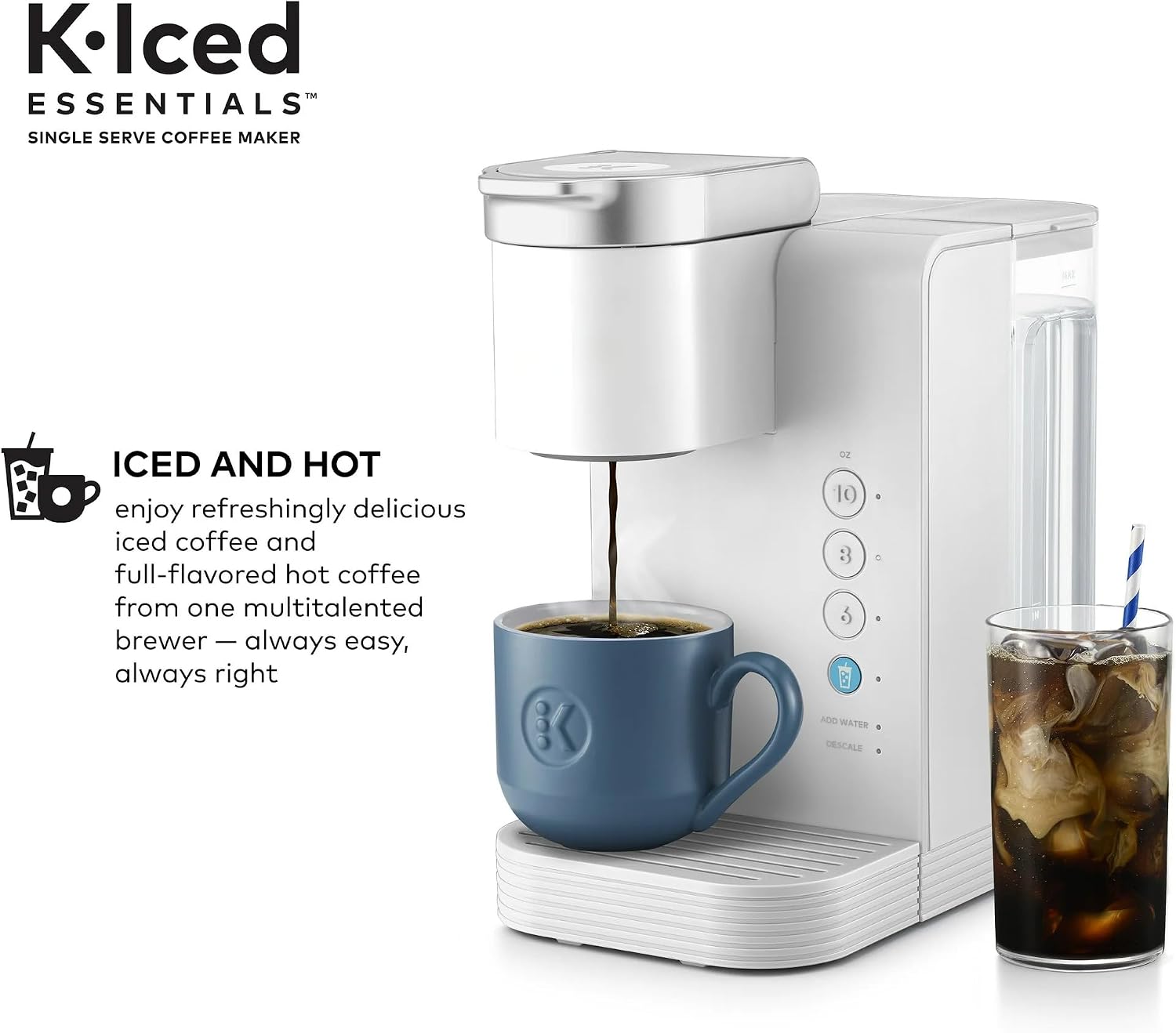 KeurigK K-Iced Essentials Coffee Maker, Iced and Hot Single-Serve KCup Pod Brewer with Removable Reservoir and Auto-Off, Energy Efficient, Includes K Iced Tumbler, Compact, White