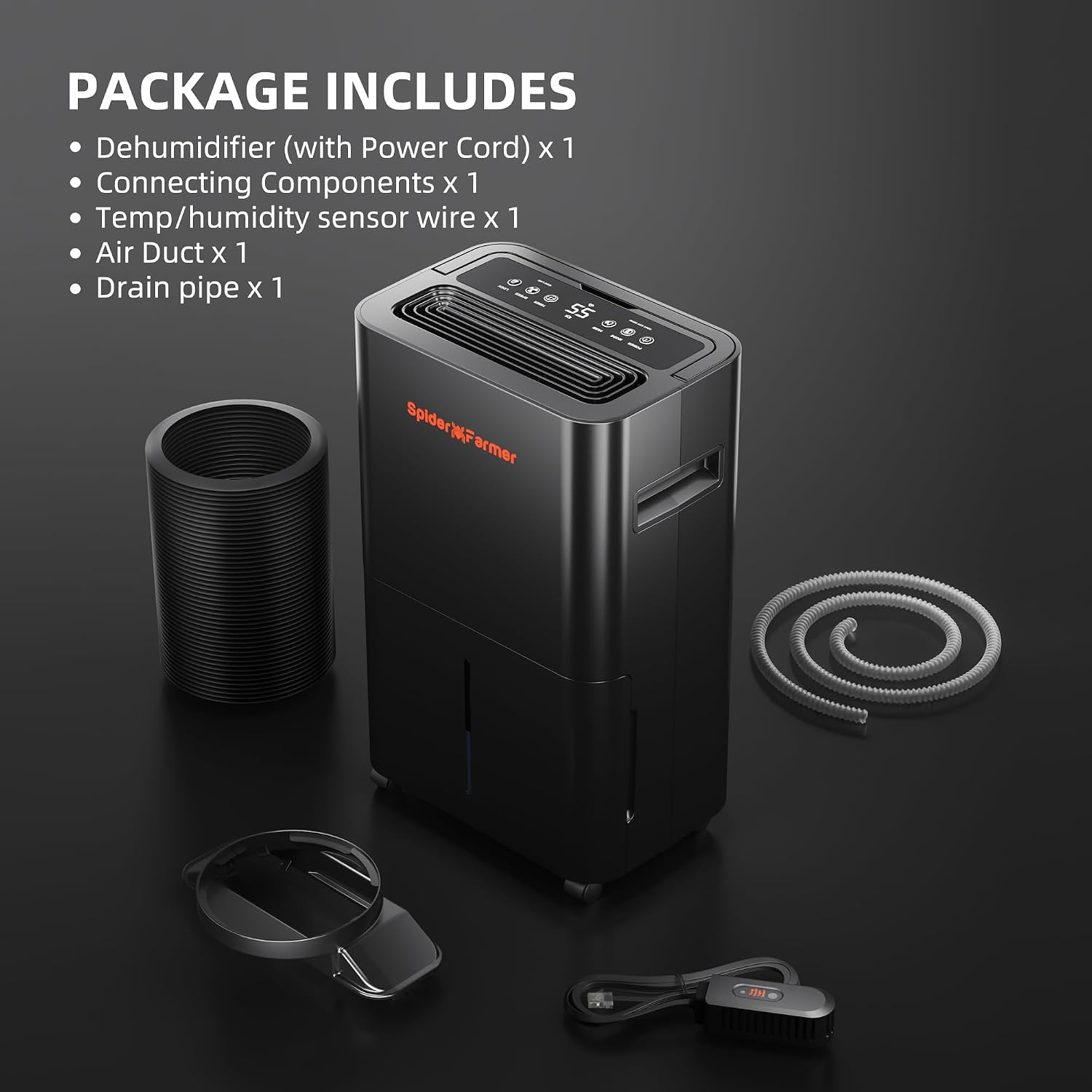 SPIDER FARMER Dehumidifier,38 Pints Plant Dehumidifier with Drain Hose,Temperature & Humidity Sensor Probe,24H Timer Function, Compressor Entfeuchter for Grow Tent,Home and Basement