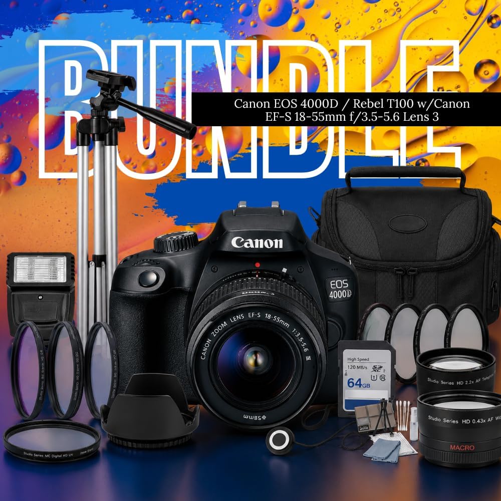 Canon EOS 4000D / Rebel T100 Digital SLR Camera Body w/Canon EF-S 18-55mm f/3.5-5.6 Lens 3 DSLR Kit Bundled with Complete Accessory Bundle + 64GB Flash & More - International Model (Renewed), Black