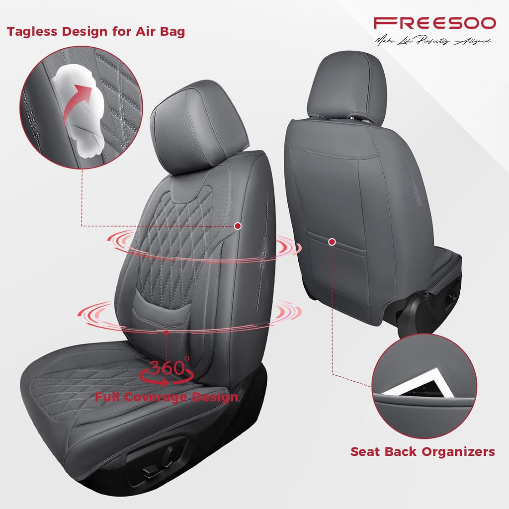 FREESOO Front Car Seat Covers - Luxury Breathable Waterproof Faux Leather Car Seat Cushion Protectors with Lumbar Support, Universal Fit for Most 5 Seats Vehicles, Sedans, Hatchbacks, and Trucks, Gray