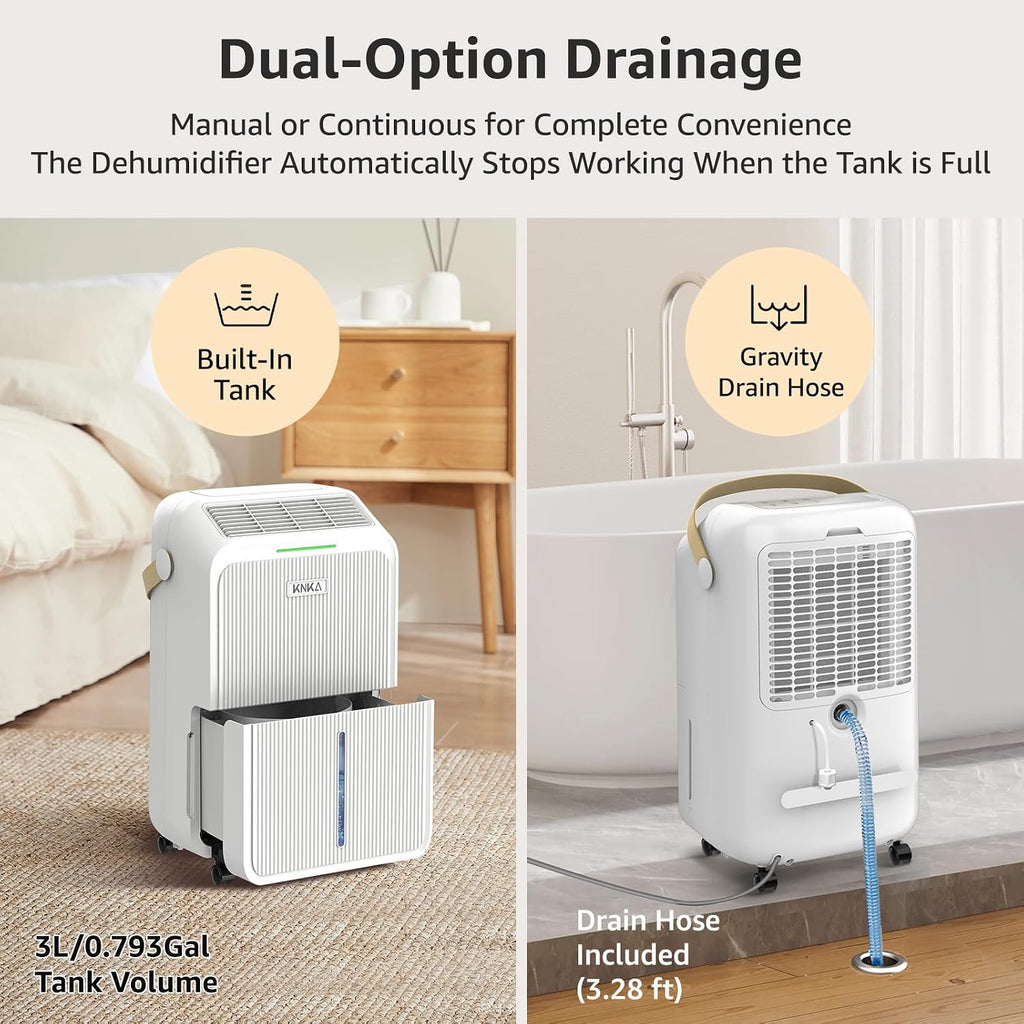 KNKA 2500 Sq.Ft Dehumidifier for Basement with Drain Hose Max 34 Pints, Dehumidifiers for Home, Bedroom, Bathroom, Large Room, Three Modes, Intelligent Humidity Control, Dry Clothes, 24HR Timer