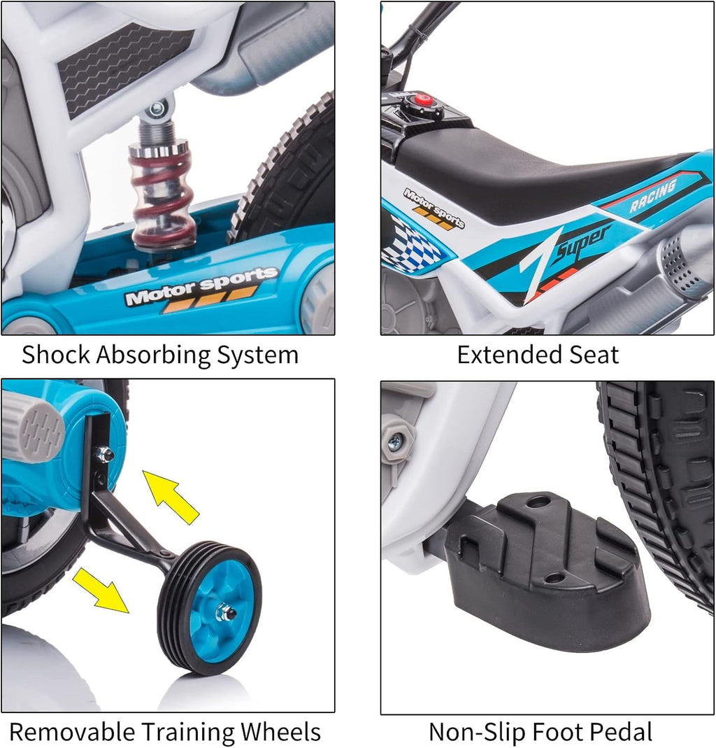 12V Battery Powered Motorcycle for Kids Electric Dirt Bike for Toddler Ride On Toys for Kids w/ 2 Speeds Training Wheels Music and Shock Absorber, Blue