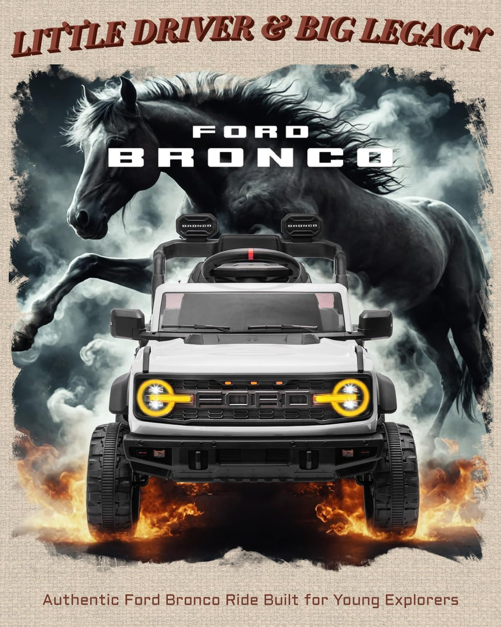 First Ride On Ford Bronco Raptor 12V Toddler Ride on Toys, Safe Kids Ride on Truck with Remote Control, Children Electric Cars with 4 Wheels Suspension, Radio, Music, Bluetooth (12V, White)