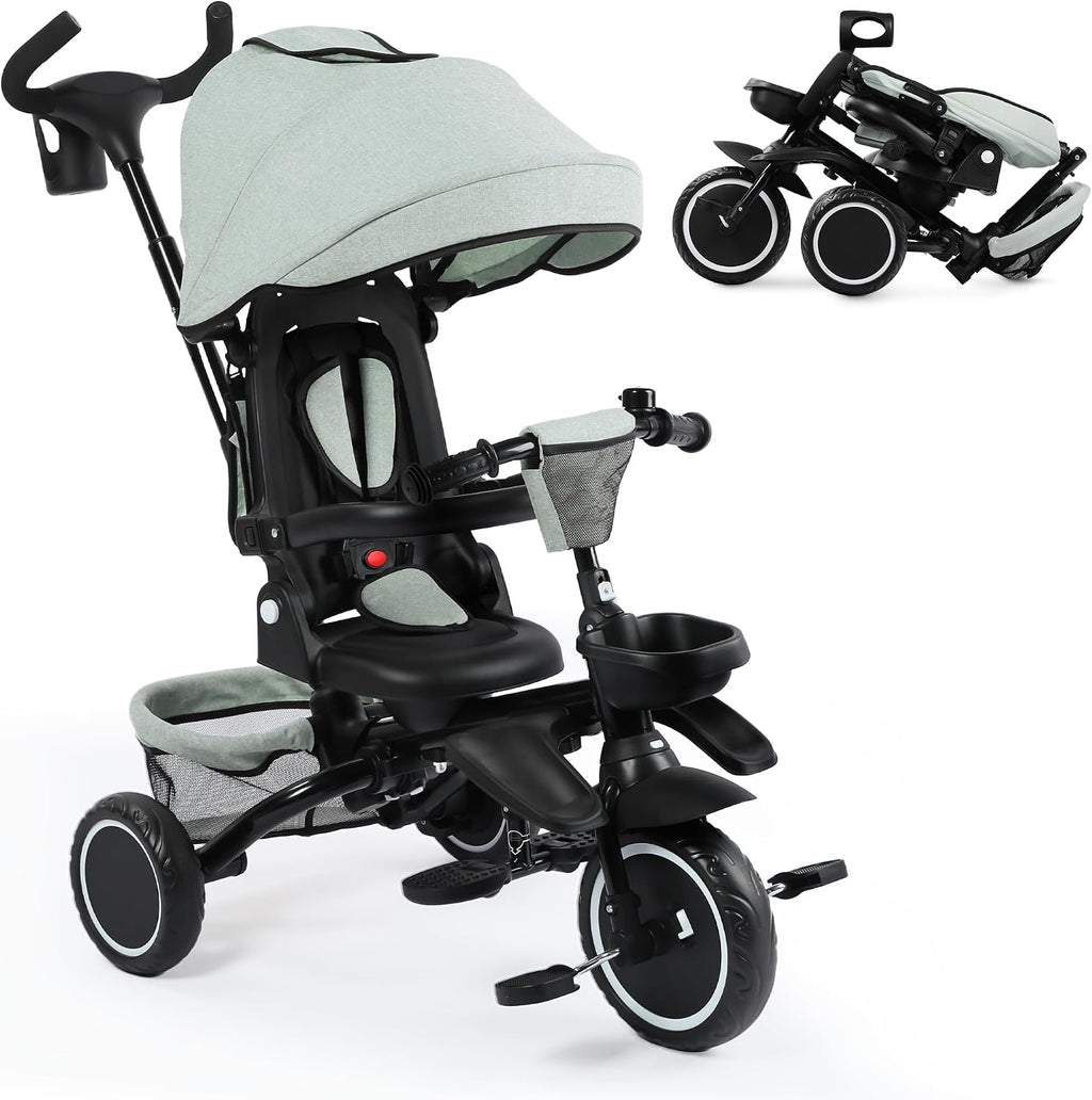 TODEFULL Folding Kids Tricycle, 8 in 1 Toddler Trike W/Removable & Adjustable Canopy, Parent Handle, 5-Piont Harness, Toddler Bike Tricycle for Kids 1-6 Years, EVA Wheels, Storage Basket, Green