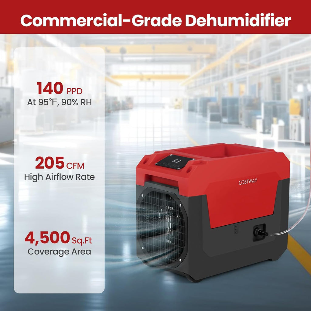 COSTWAY 140 Pints Commercial Dehumidifier with Pump, Portable Industrial Dehumidifier with Drain Hose for Basements, Job Sites, Water Damage Restoration, Large Spaces up to 1800 Sq.Ft (Red)