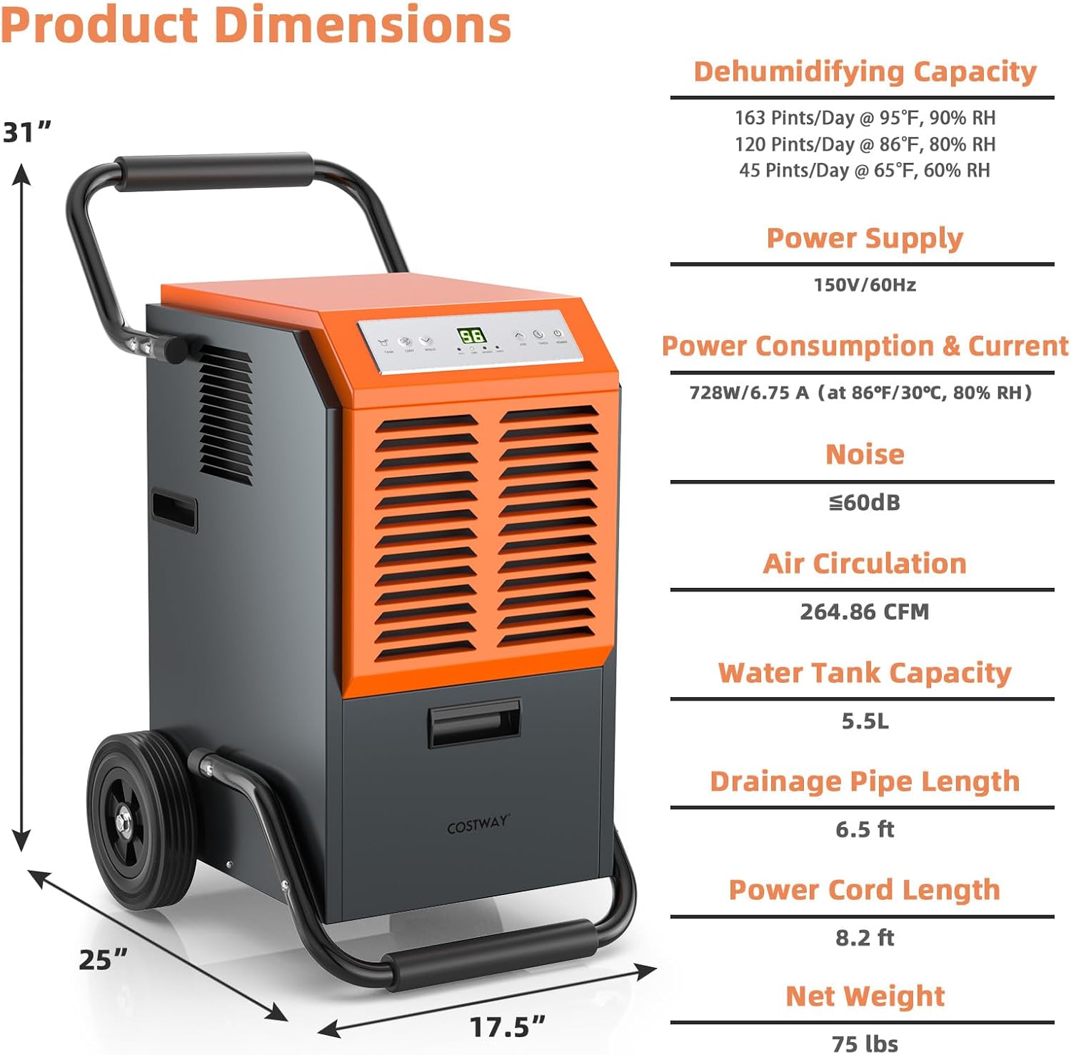 COSTWAY 163 Pints Commercial Dehumidifier, 4500 Sq.Ft Crawl Space Dehumidifier with Drain Hose, 24H Timer, for Basement, Warehouse, Job Site (Orange)