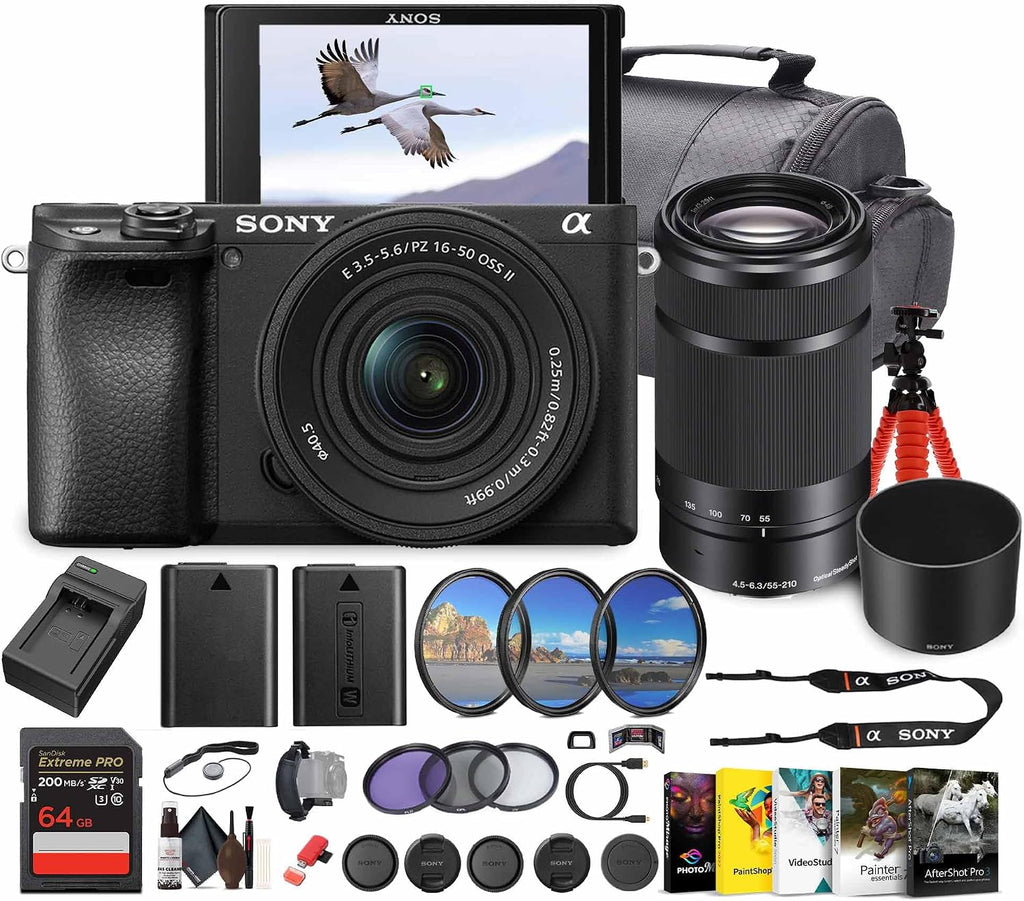 Sony Alpha a6100 Mirrorless Camera with 16-50mm OSS II Lens and 55-210mm Zoom Lenses (ILCE6100XB) + Photography Software + 64GB Memory Card + NP-FW50 Battery + Camera Bag + Charger + More
