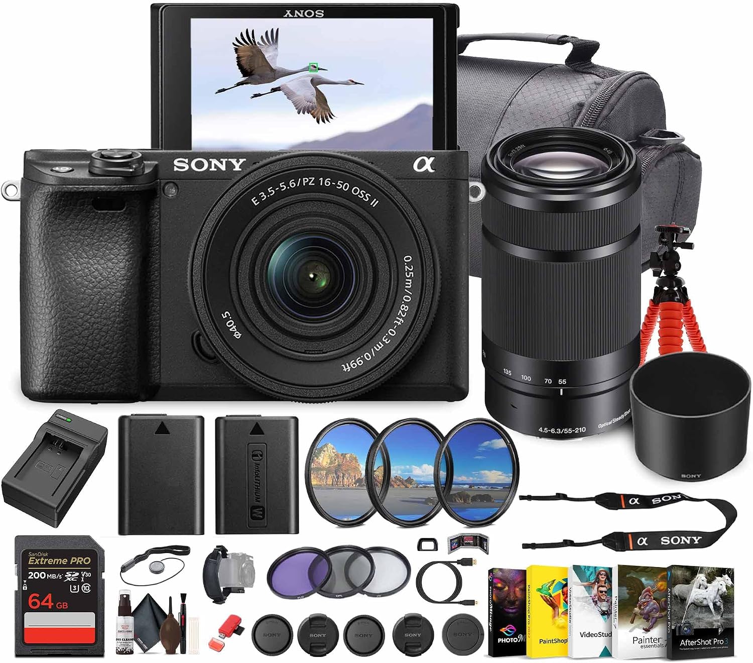 Sony Alpha a6100 Mirrorless Camera with 16-50mm OSS II Lens and 55-210mm Zoom Lenses (ILCE6100XB) + Photography Software + 64GB Memory Card + NP-FW50 Battery + Camera Bag + Charger + More