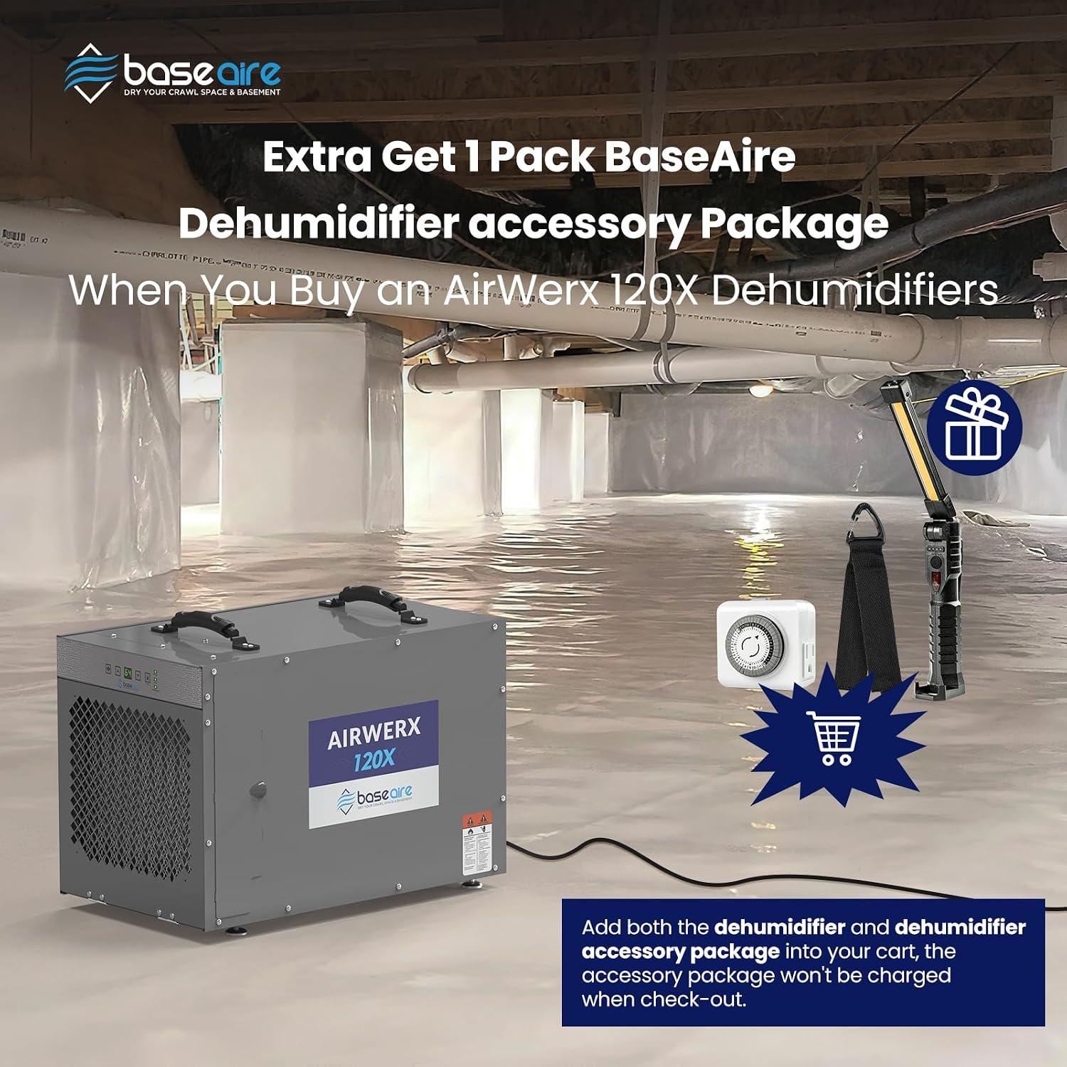 BASEAIRE 235 Pints Crawl Space Commercial Dehumidifier with Pump, AirWerx120X Dehumidifier Whole Homes, Basements, up to 3,300 sq. ft. cETL, Water Damage Storage