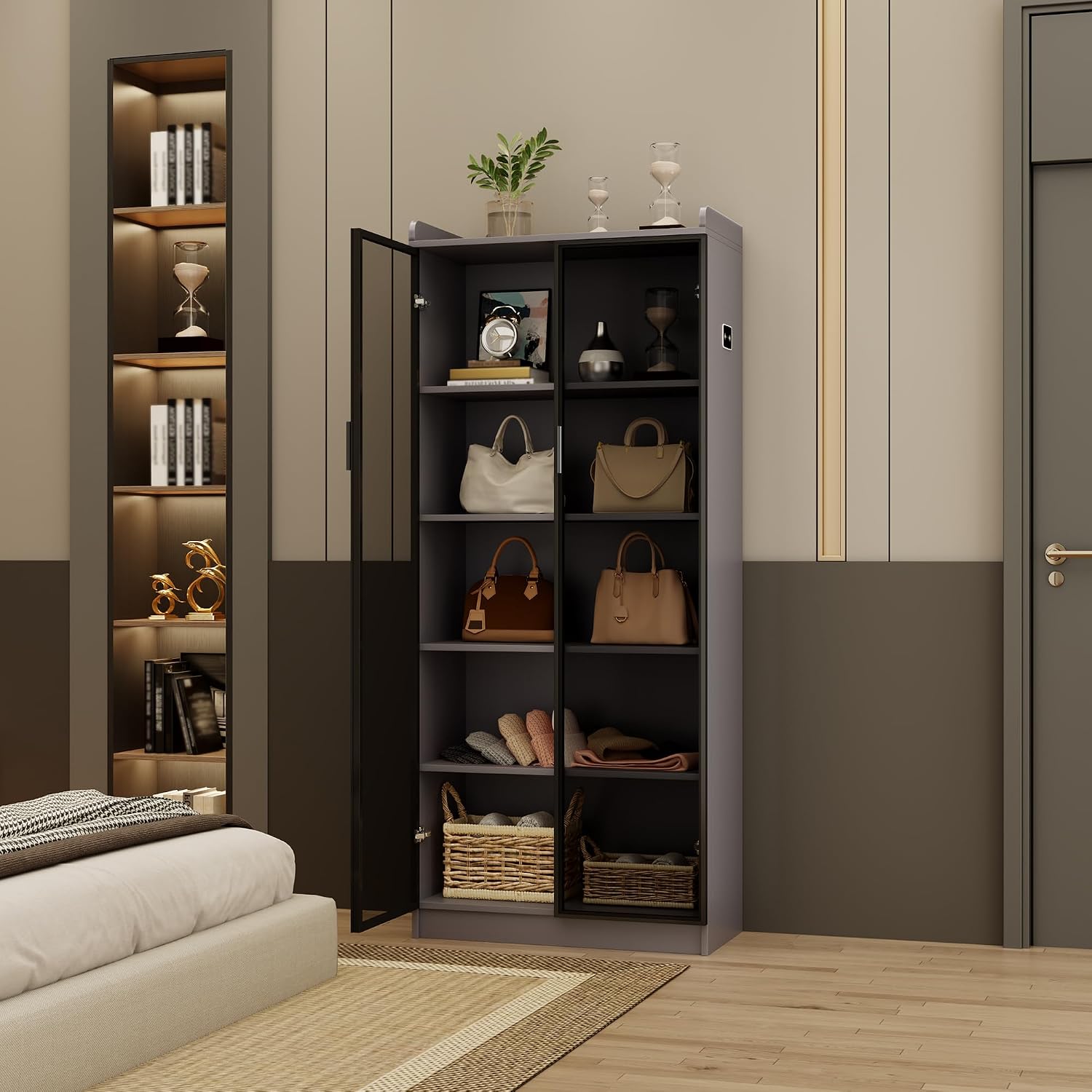 Dystler 65' Tall Display Cabinet with Doors, Lighted Bookcase with Lights/Human Sensor, 5 Tier Display Case with Adjustable Shelves for Collectibles Bedroom Living Room Office, Grey-Smoked Black Door
