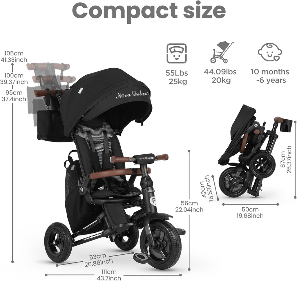 QPlay Baby Bike Stroller for Age 10 Months to 6 Years Old,8 in 1 Folding Toddler Bike Stroller with Removable Canopy & Guardrail Rotatable Seat -Tricycle for Toddlers Age 3-5 Boys & Girls Gift Trike