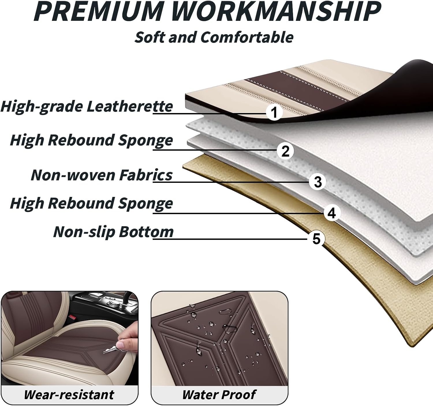 Arazi Car Seat Covers Full Set for Toyota Prius 2001-2025, Nappa Leather Seat Cover Full Coverage Waterproof Seat Protector (Beige&Brown,5 Seats Standard)