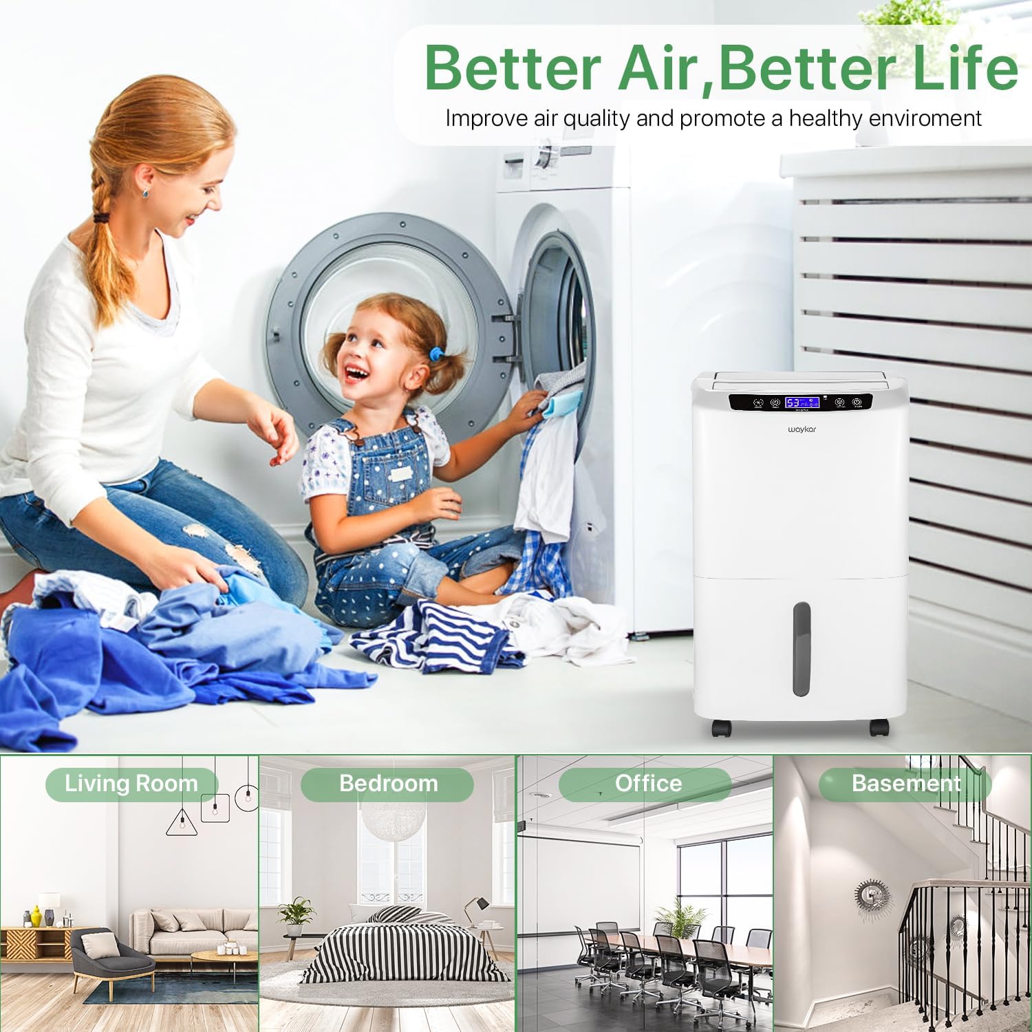 Waykar 34 Pints Energy Star Dehumidifier for Spaces up to 2,000 Sq. Ft at Home, in Basements and Large Rooms with Drain Hose and 0.66 Gallons Water Tank
