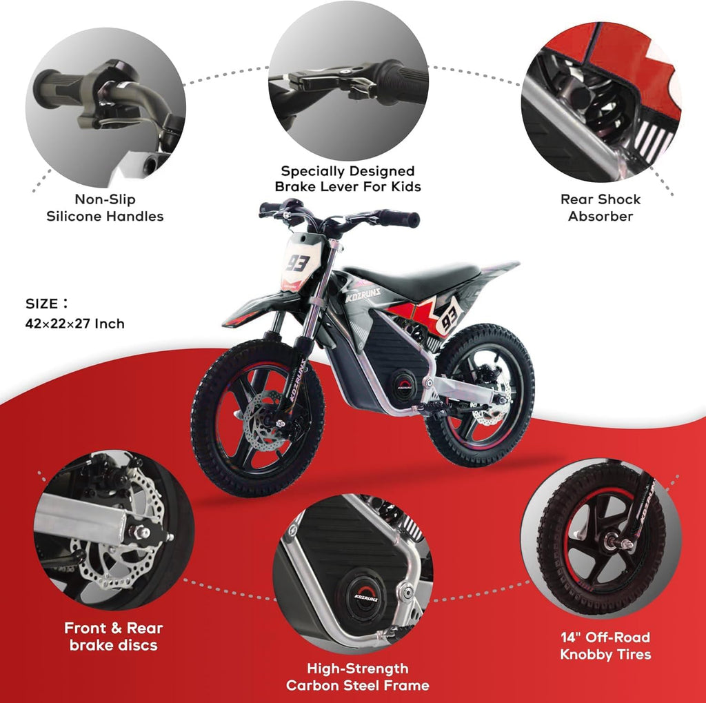 AIII 36V Electric Dirt Bike for Kids 4-8, High Performance 350W Racing Grade Motorcycle, Up to 18.6MPH, 3 Speed Settings, 14-Inch Off-Road Tires, Dual Disc Brakes & Advanced Shock Absorption, Black