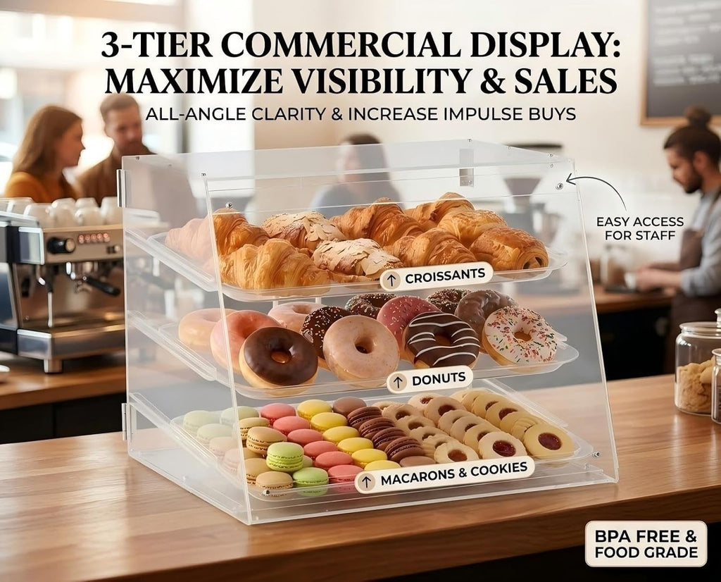 YBSVO 3-Tier Commercial Bakery Display Case, 21-Inch Clear Acrylic Countertop Pastry Showcase with Removable Trays, Food-Grade Dessert Cabinet with Magnetic Back Doors for Cafe, Market, Home