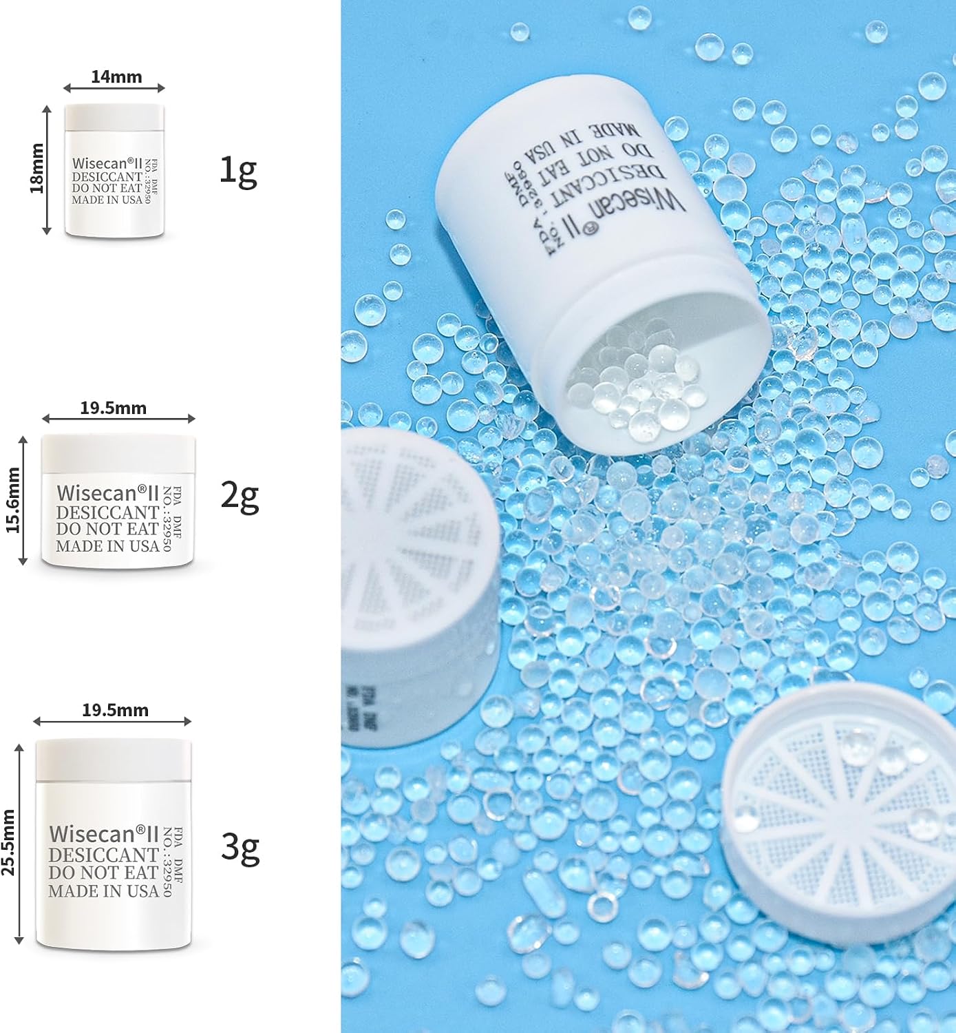 Wisesorb 3 Gram 1500 Pack Silica Gel Canister, Desiccant Canister, Silica Gel Capsules, Desiccant Capsules, Moisture Absorbers for Food Storage, Food Safe Dehumidifiers Wisecan