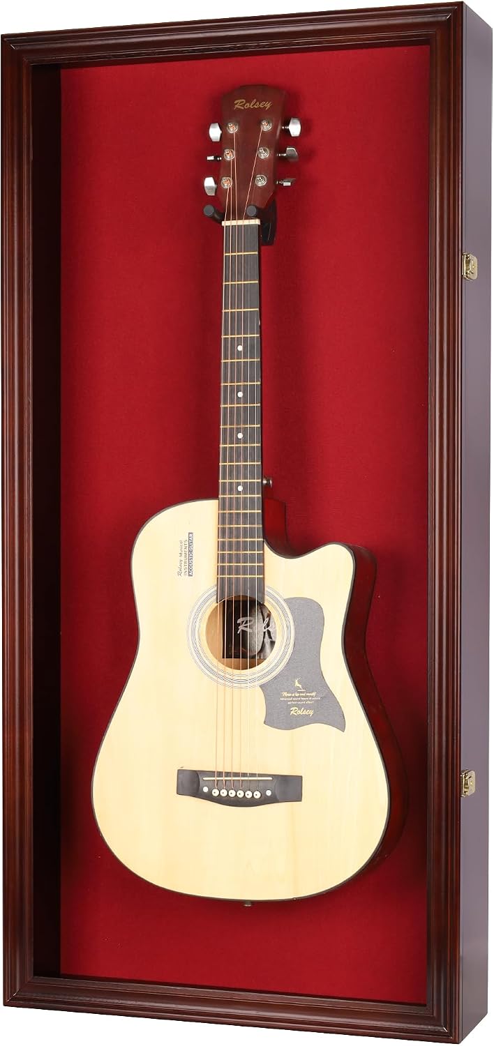 DisplayGifts 45' Acoustic Guitar Display Case Cabinet Wall Mountable Guitar Case Frame Fits Most Guitars 98% UV Protection Red Felt Interior Mahogany Finish