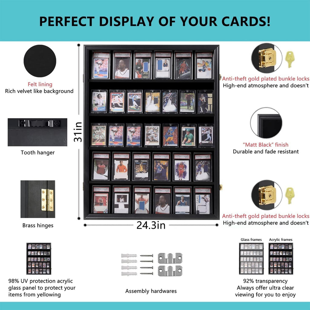 VERANI Baseball Card Display Case - 35 Graded Sports Card Display Frame - Holds Sport Cards with UV Protection Clear View Lockable Wall Cabinet for Football Basketball Trading Card Vertical - 3Pack