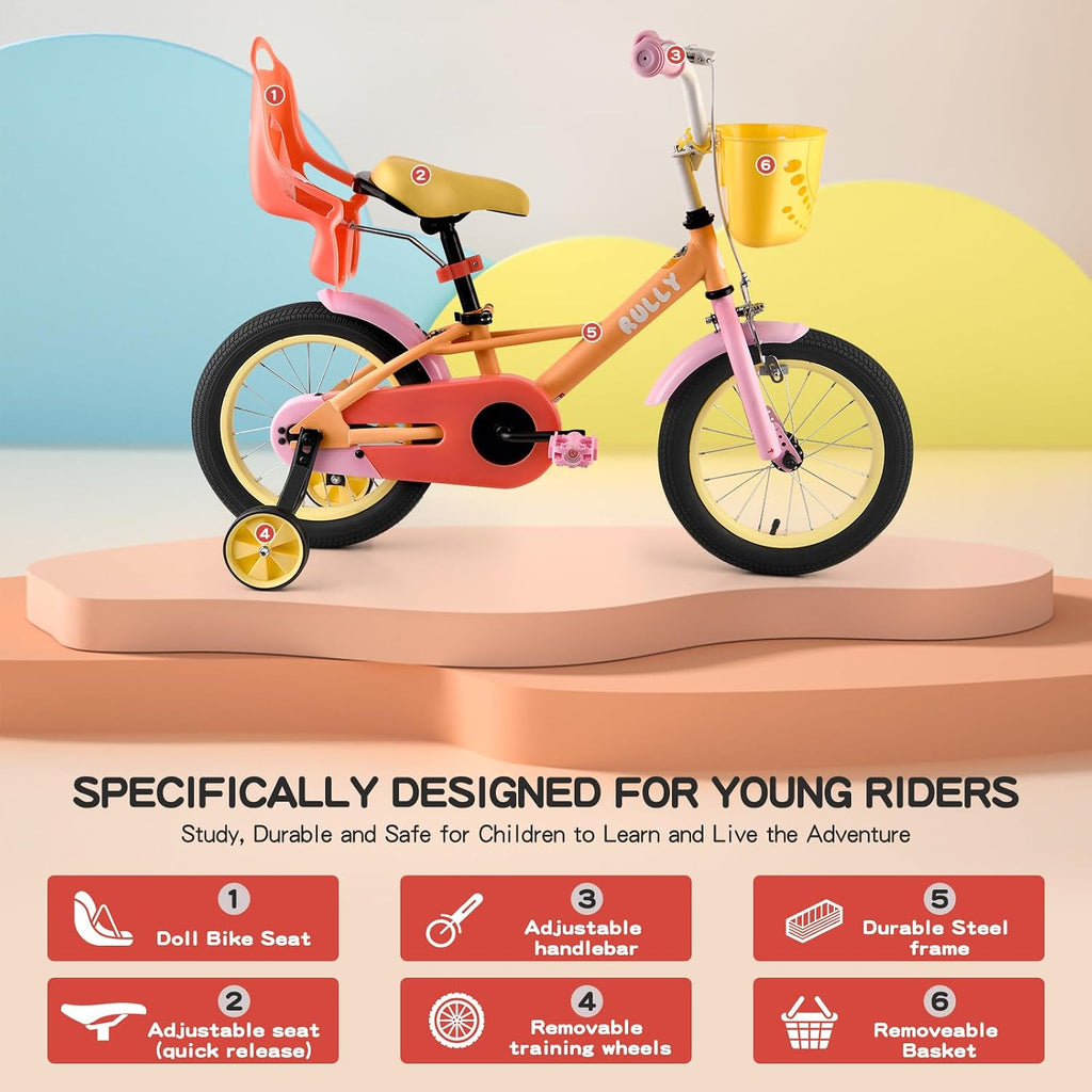 RULLY 12 14 16 Inch Kids Bike for 2-7 Years Girls 33-53 Inch Tall, Toddler Bicycle with Training Wheels & Coaster Brake, Rainbow Bike, Macarons