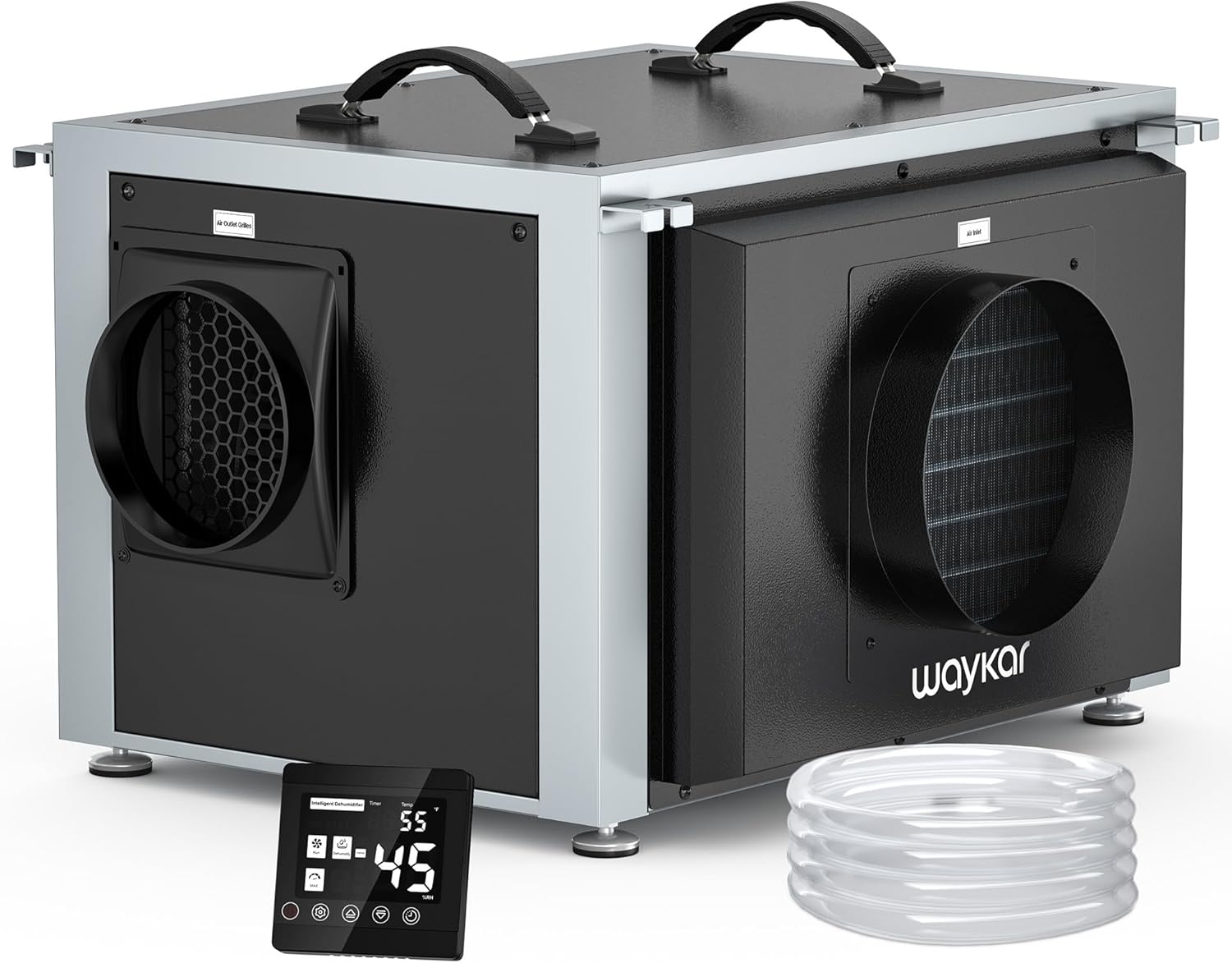 Waykar 125 Pints Crawl Space Dehumidifier with Remote Control and Pump, Dual Duct HVAC Commercial Whole-House Dehumidifier for Basement, Industrial Water Damage Unit - 5-Year Quality Coverage