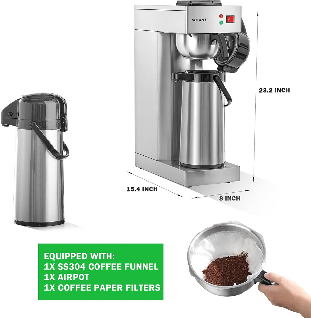 NUPANT Commercial Airpot Coffee Brewer 2.2L/74oz Dirp Coffee Maker with 24H Insulated Thermal Carafe Stainless Steel Pour Over Coffee Machine 120V/1450W COFFEE Dispenser for Café Restaurant Cafateria