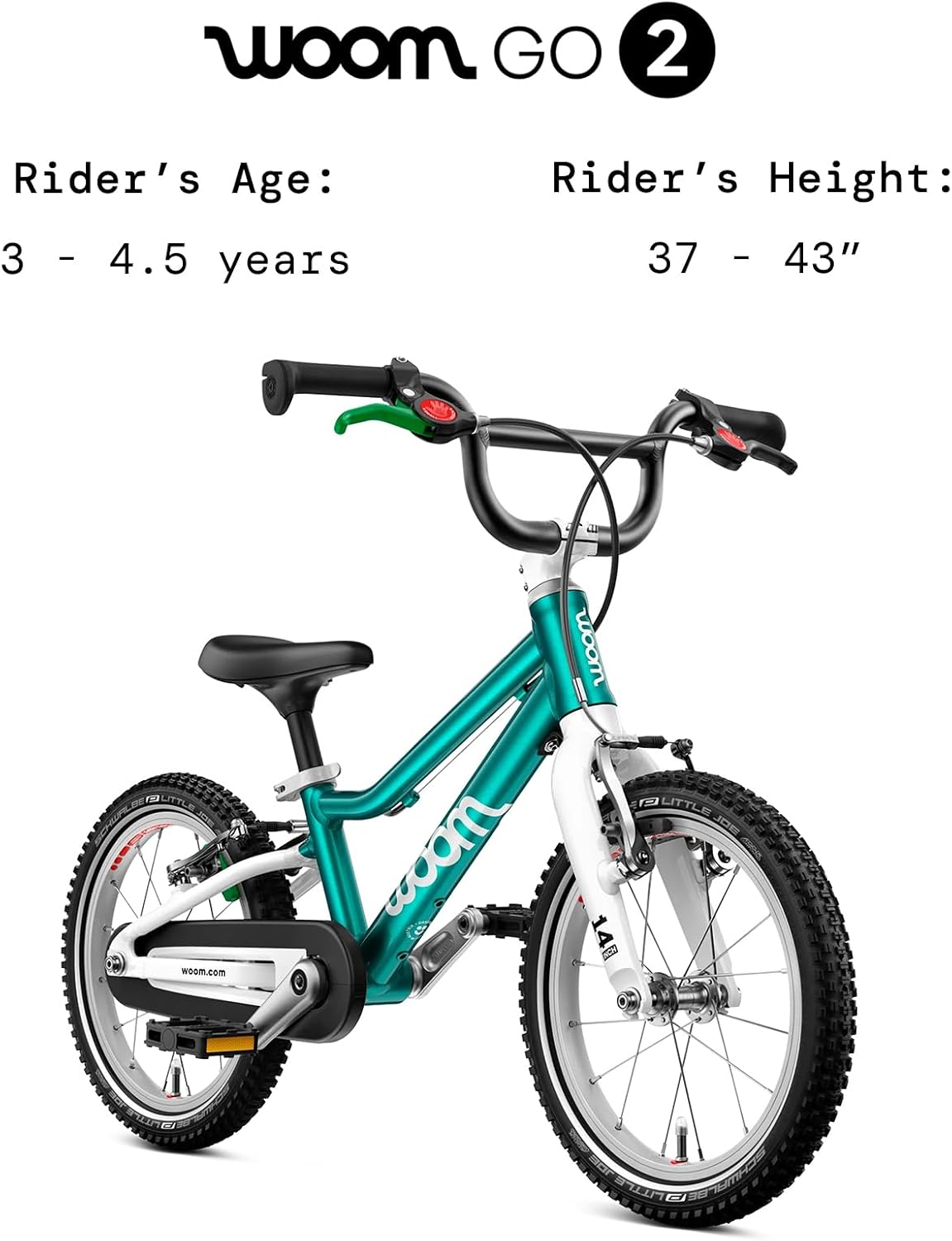 woom GO 2 Bicycle for Children 3 to 4.5 Years Old, 14-Inch Lightweight Bike with Handbrake, Steering Limiter & Chainguard for Boys & Girls