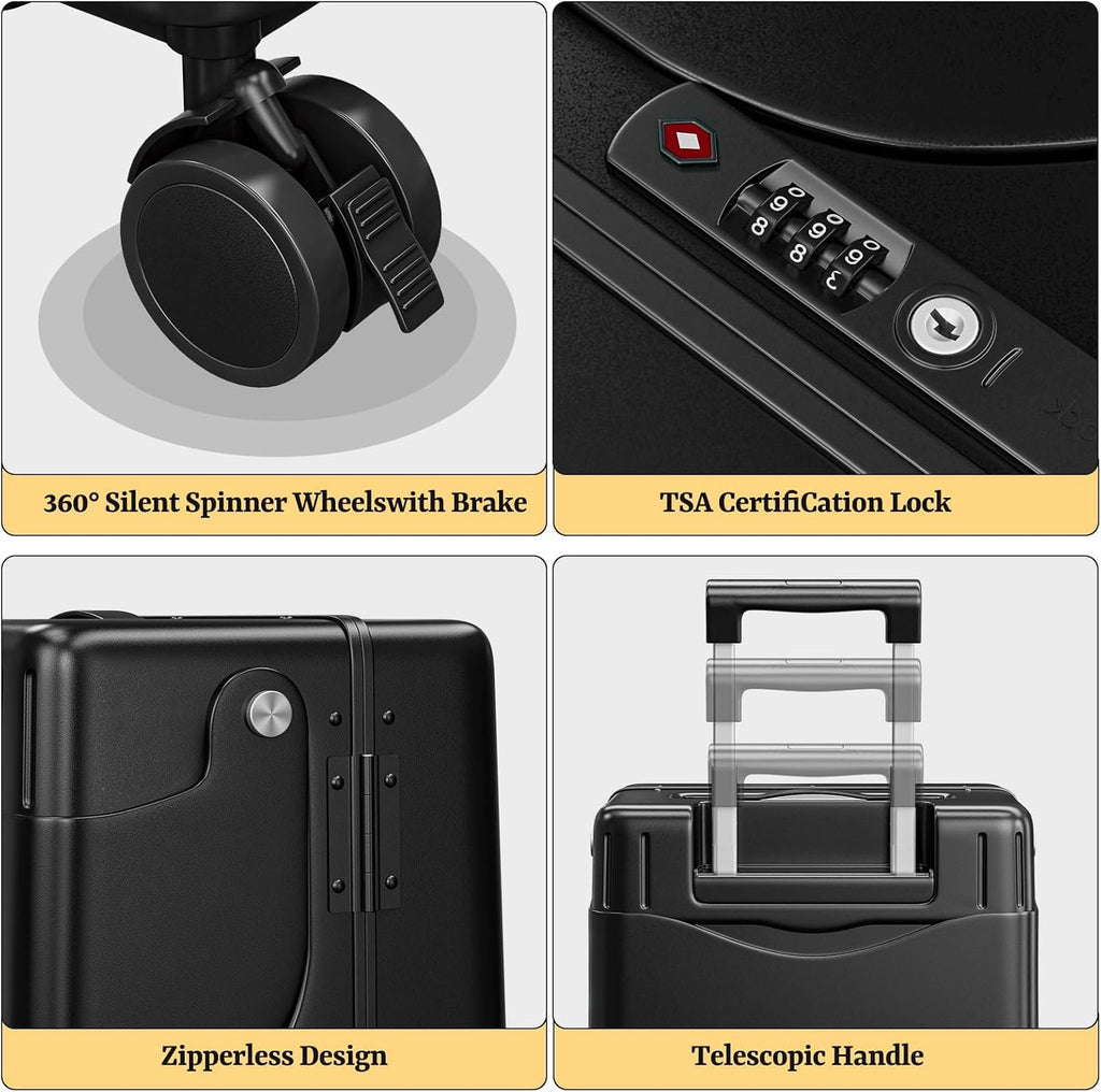 Hardshell Carry On Suitcase with Child Seat, Black Travel Luggage with Front Compartment & 4 Lockable Spinner Wheels, TSA Lock, USB Port, Luggage Cover, Safty Seatbelt (Front-Opening Black, 20 Inch)